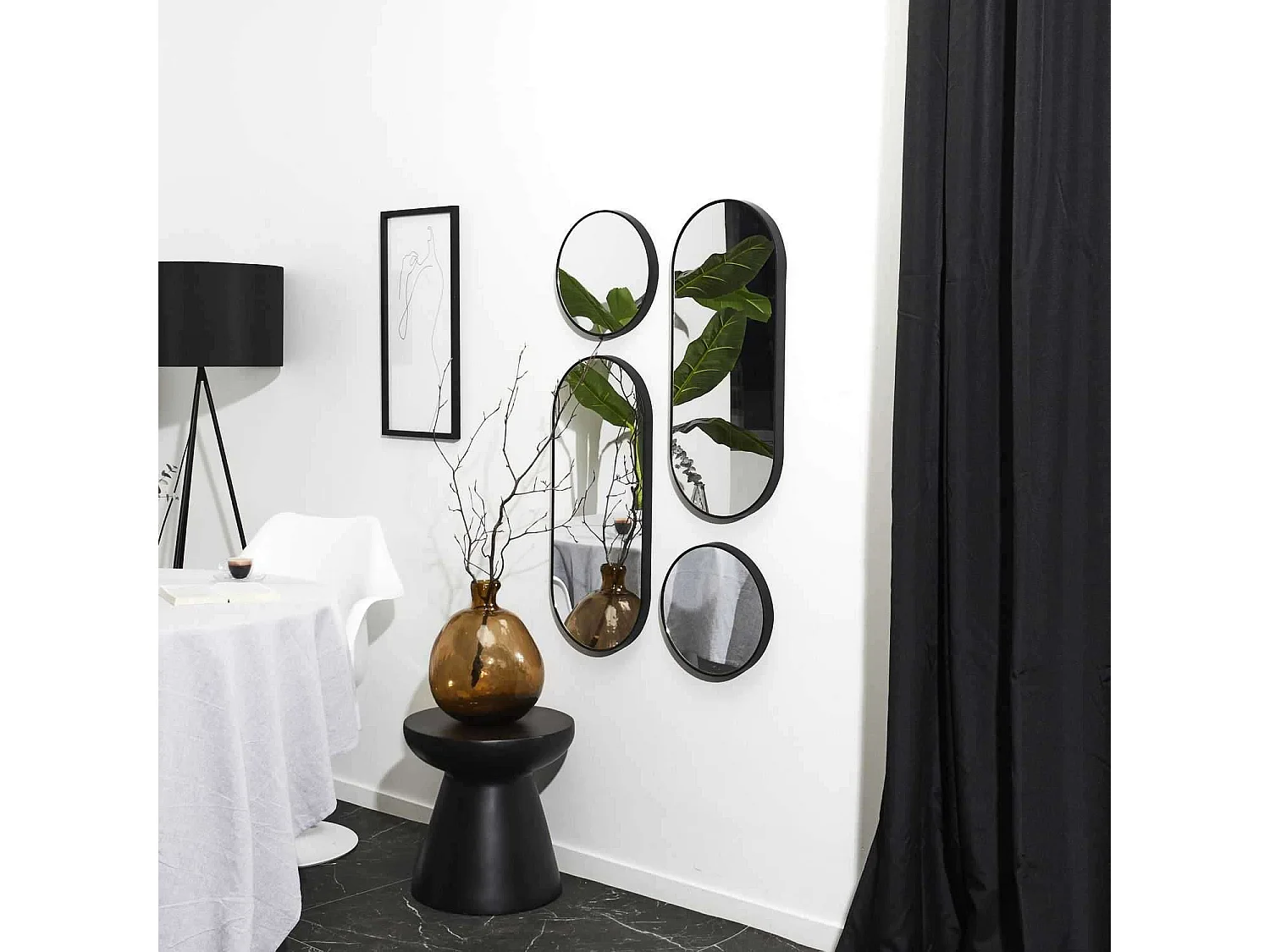 Lot de 4 miroirs ronds et ovales - Noir