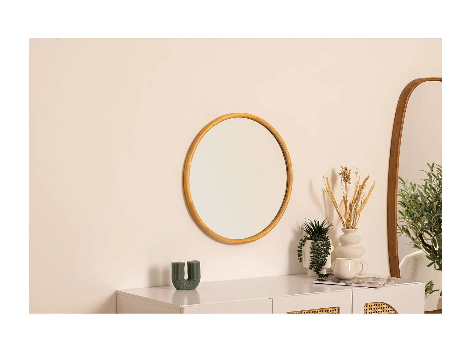 Miroir rond en bois - Diam 55 cm - Marron