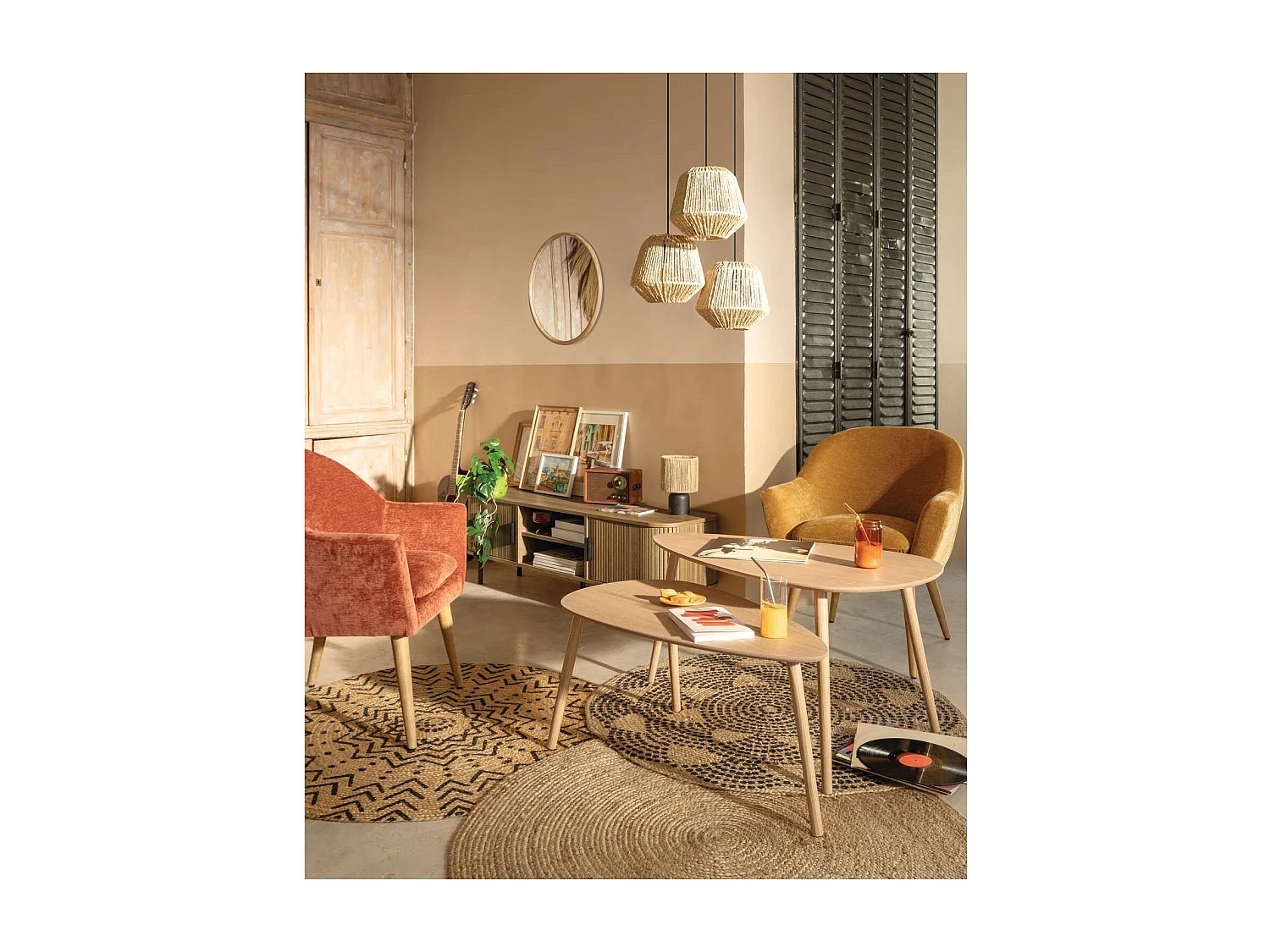 Miroir rond en bois - Diam 55 cm - Marron