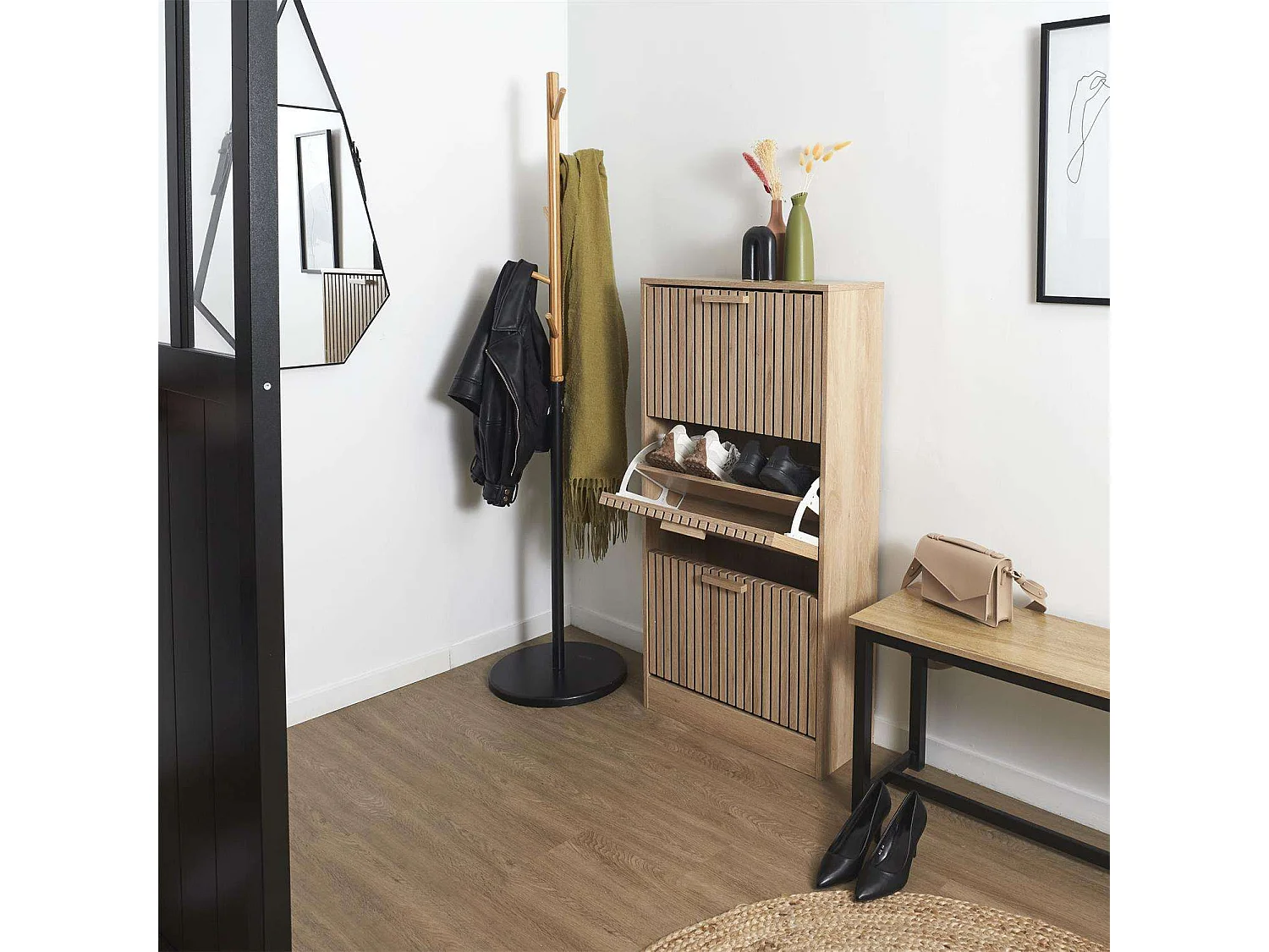 Meuble à chaussures avec 3 portes Saulk - Marron