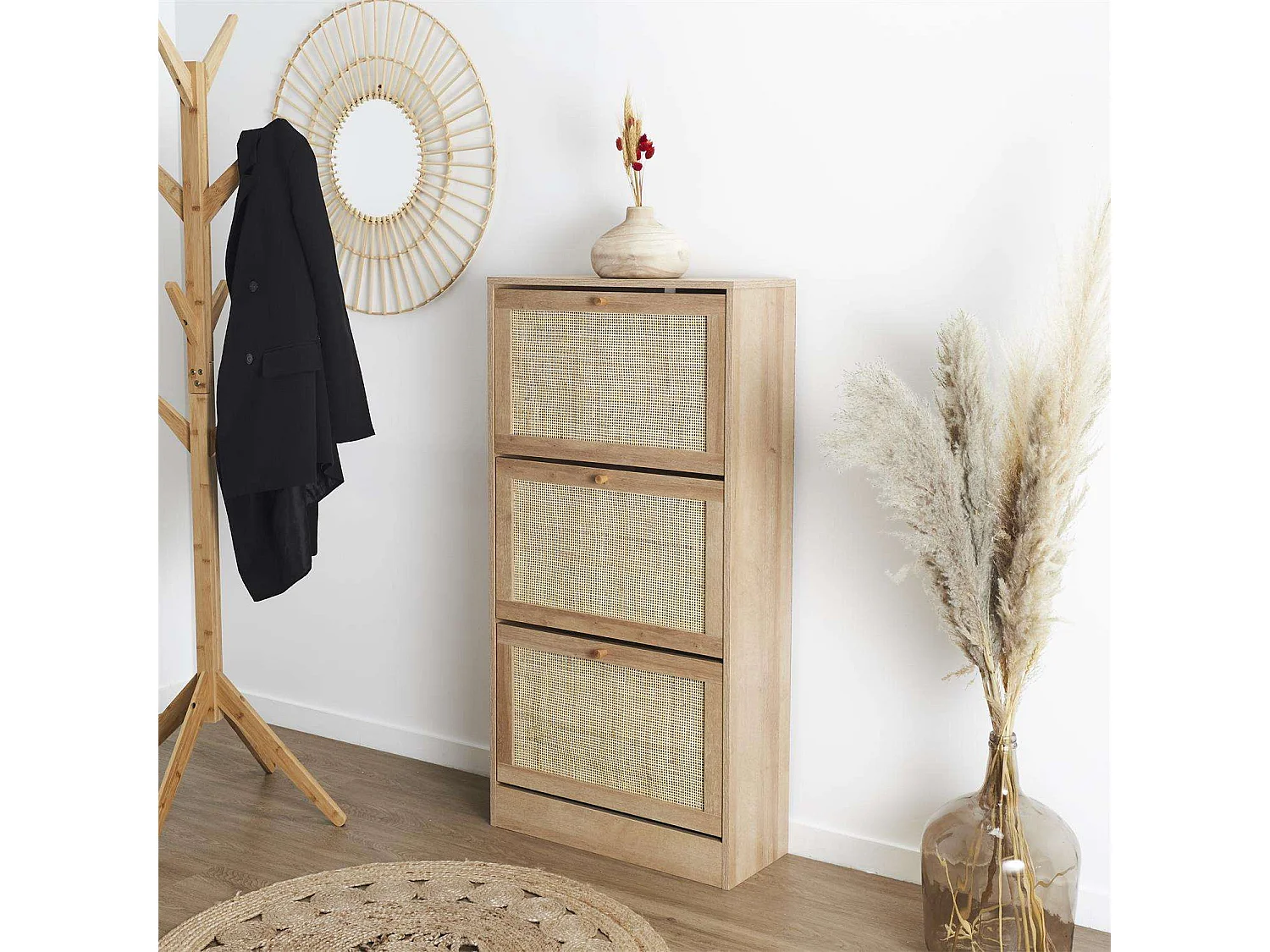 Meuble à chaussures 3 portes Bali en cannage - Marron