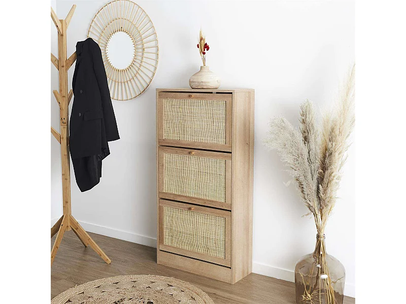 Meuble à chaussures 3 portes Bali en cannage - Marron