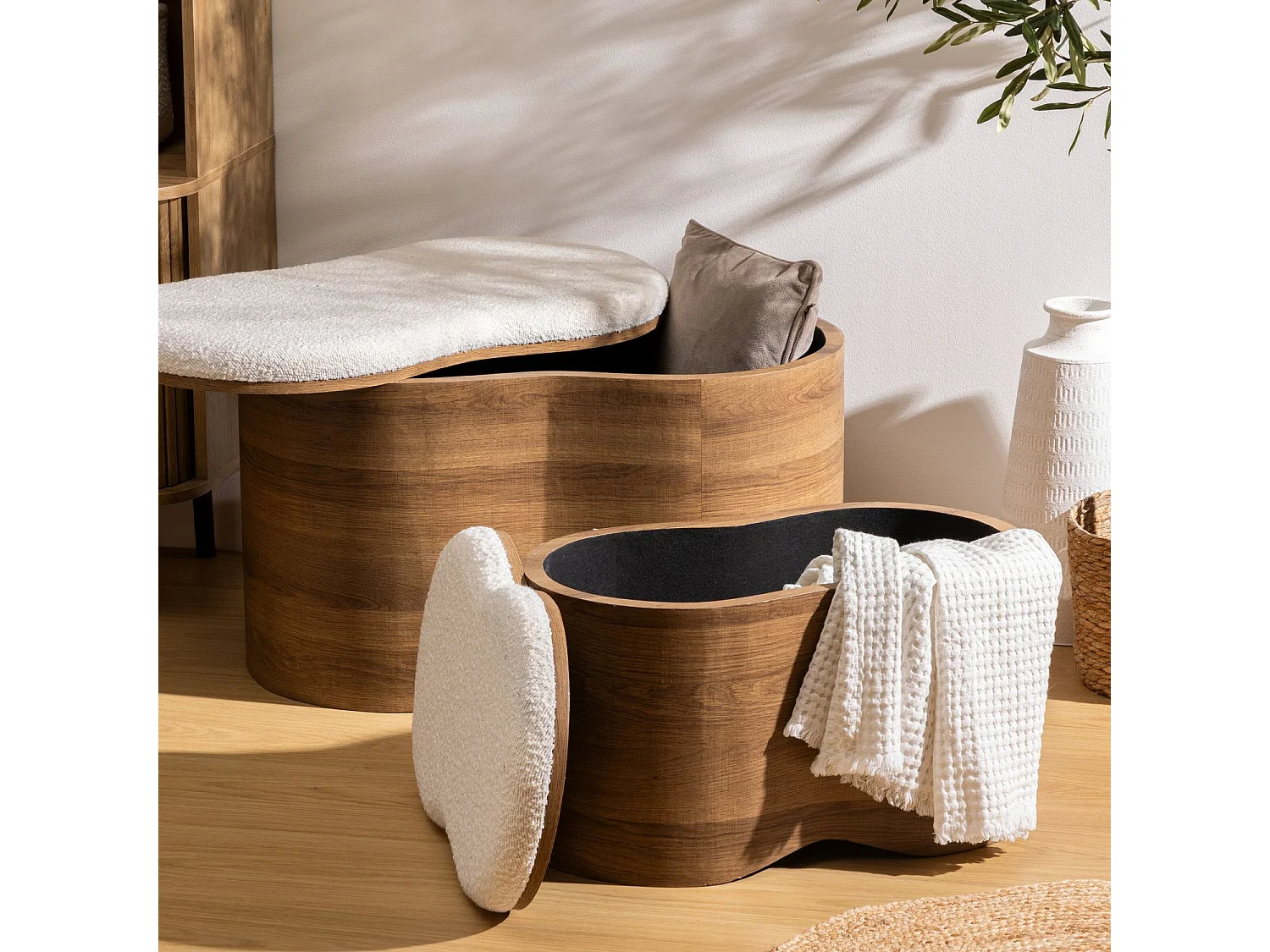 Ensemble de 2 bancs coffres effet bois et bouclette LOE - Blanc