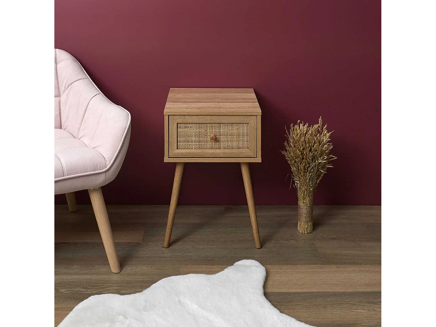 Table de chevet Bali avec 1 tiroir en rotin et panneaux de particules - Beige