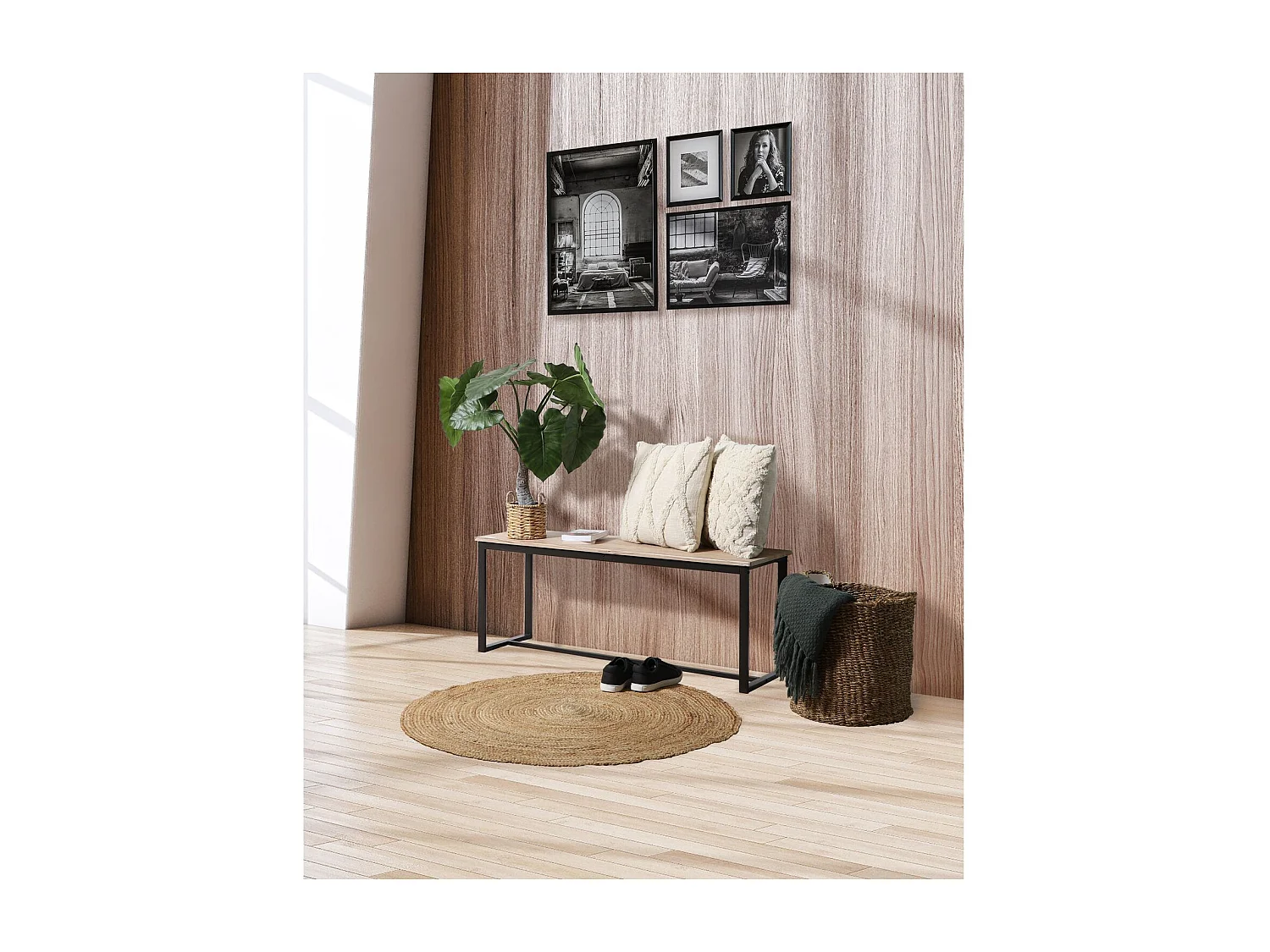 Banc d'intérieur Dock en MDF et Métal - H.45cm x L.120 cm - Beige et Noir