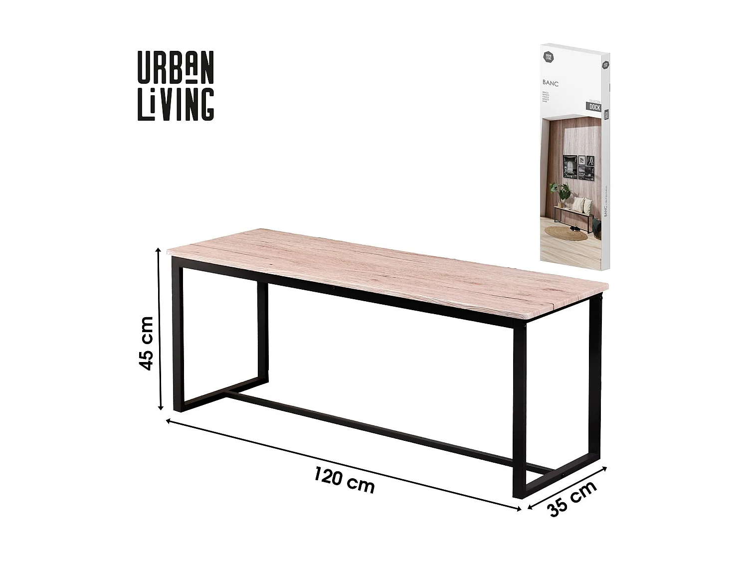 Banc d'intérieur Dock en MDF et Métal - H.45cm x L.120 cm - Beige et Noir