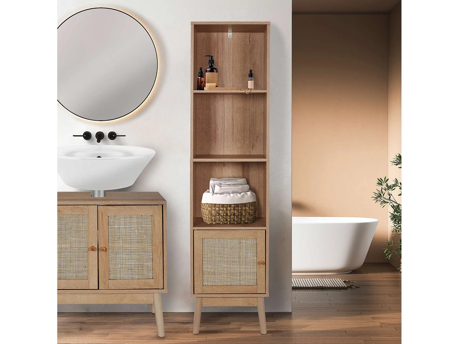 Colonne de rangement Bali en cannage -  Marron