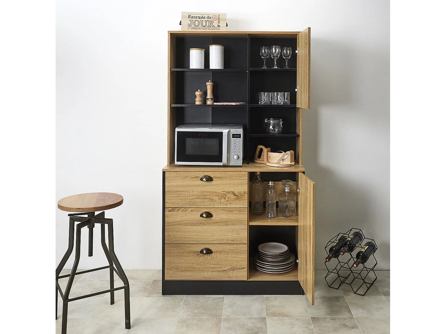 Buffet de cuisine - H.169cm - Effet Bois et Noir