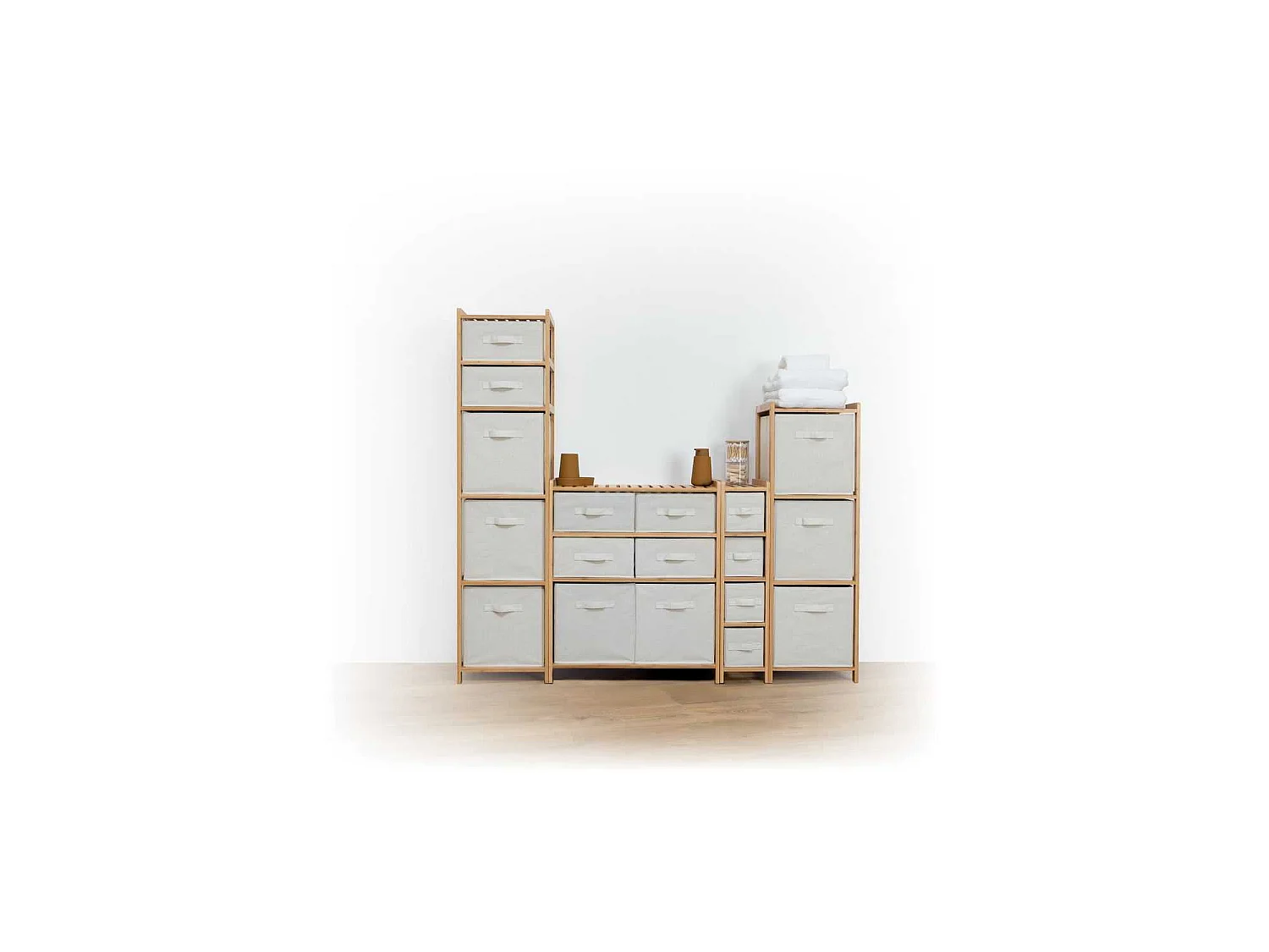 Meuble étagère fine 4 paniers - Banc et Marron