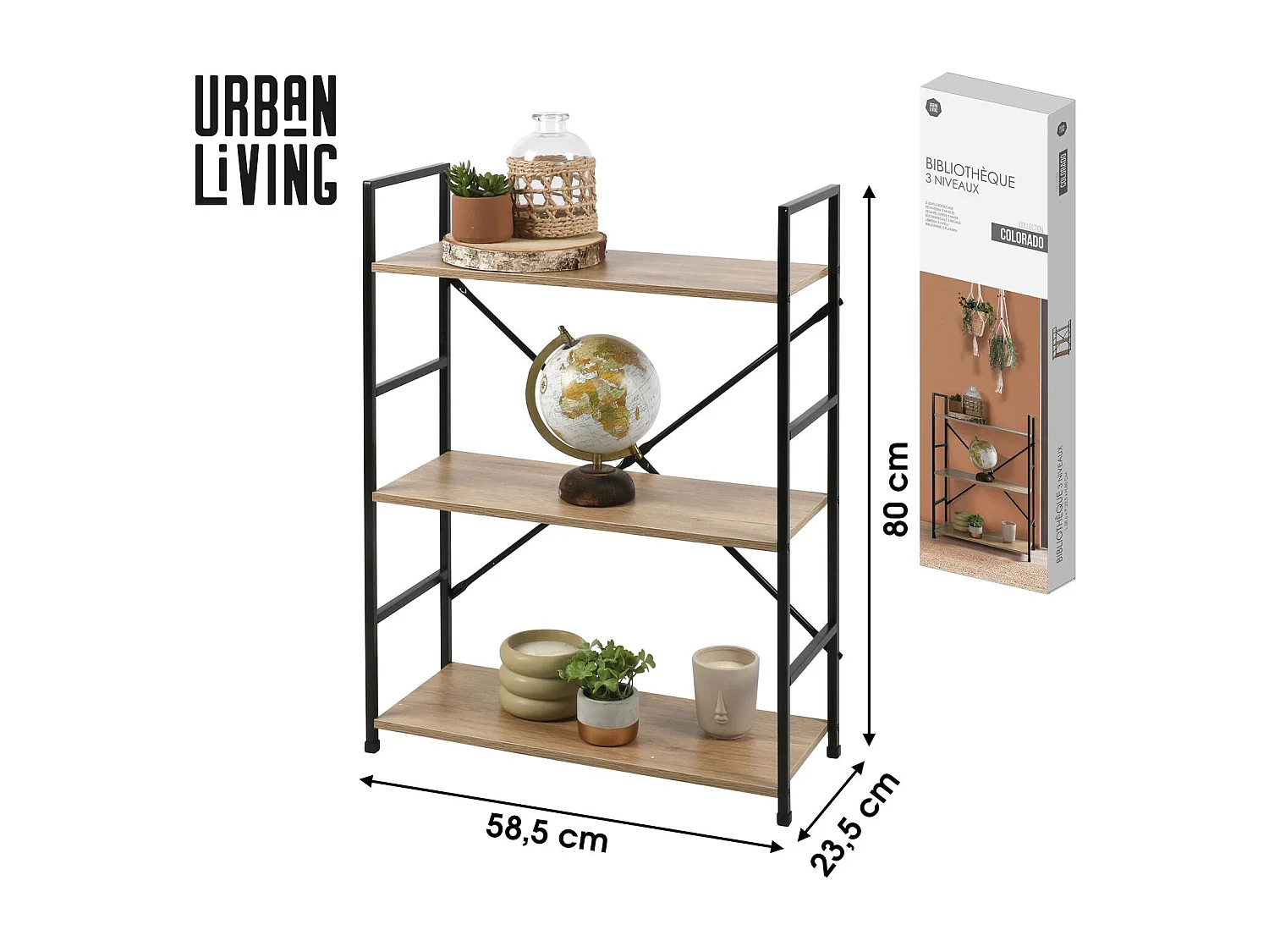 Etagère droite Large 3 niveaux Colorado H.48 en Métal et MDF - Beige et Noir