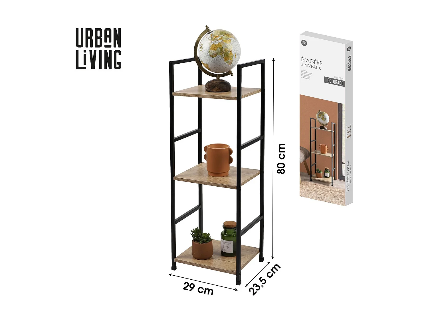 Etagère droite échelle 3 niveaux Colorado H.48 en Métal et MDF - Beige et Noir