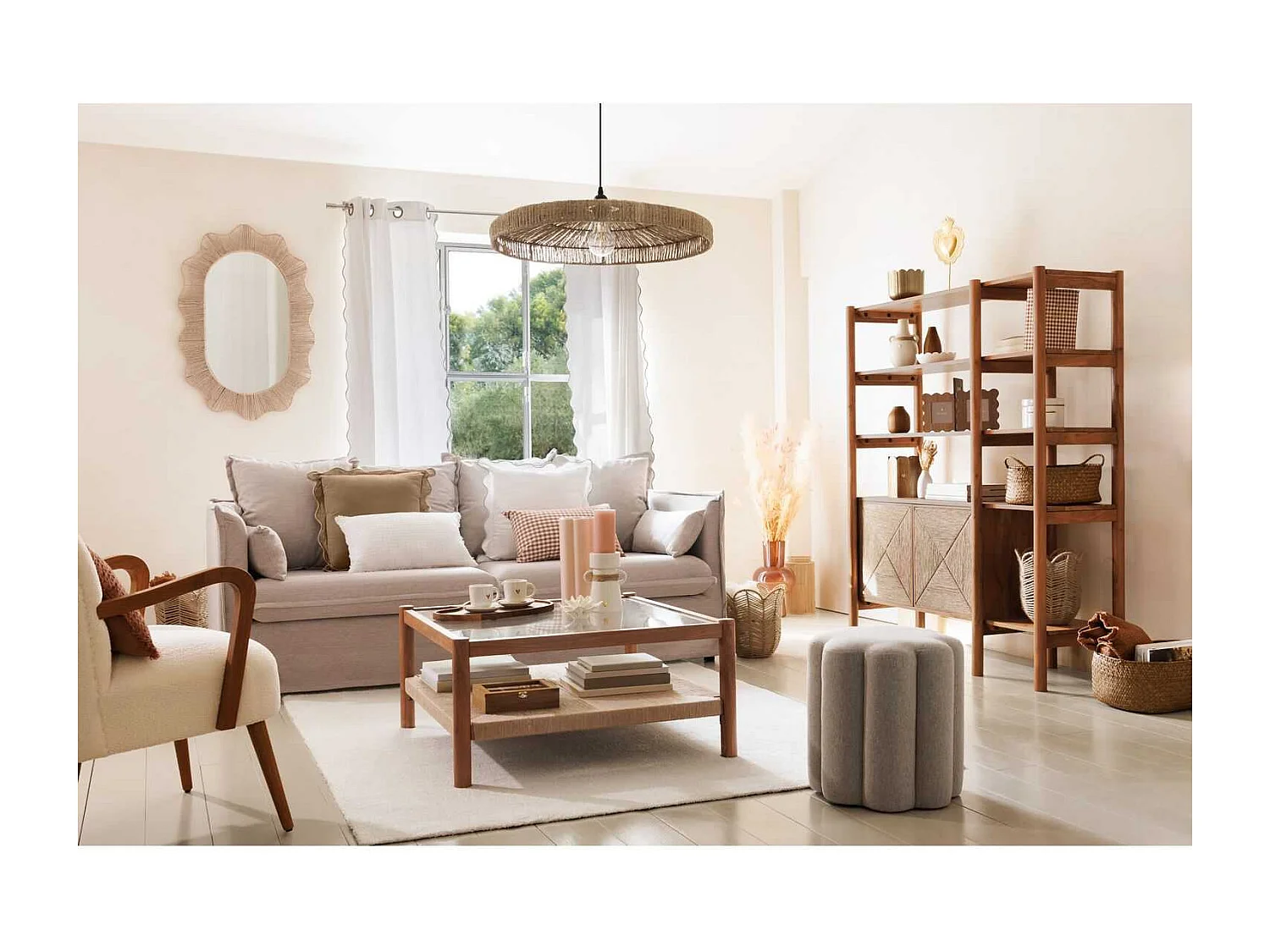 Pouf design floral en tissu - Beige