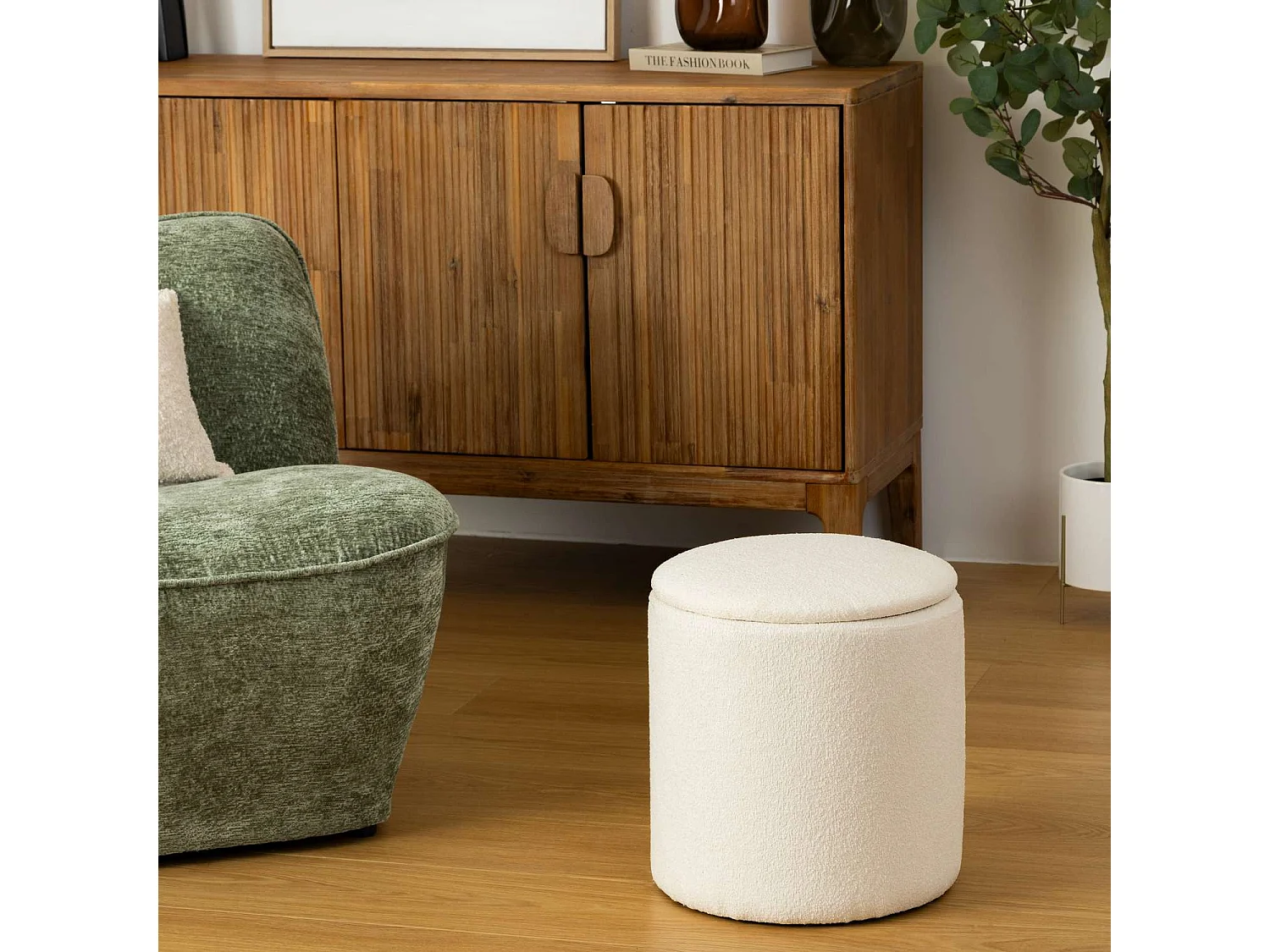 Pouf de rangement en bouclette - Blanc