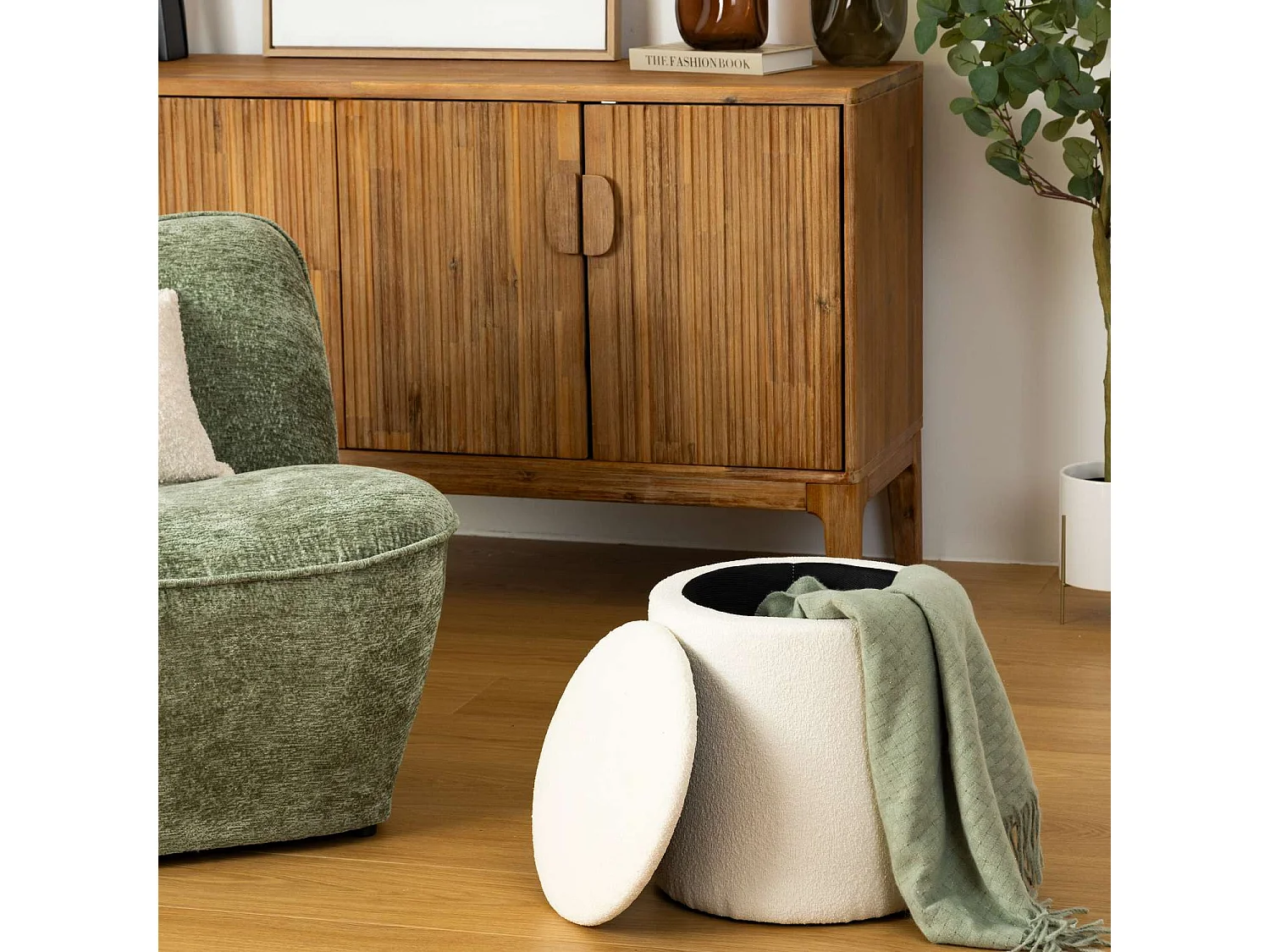 Pouf de rangement en bouclette - Blanc