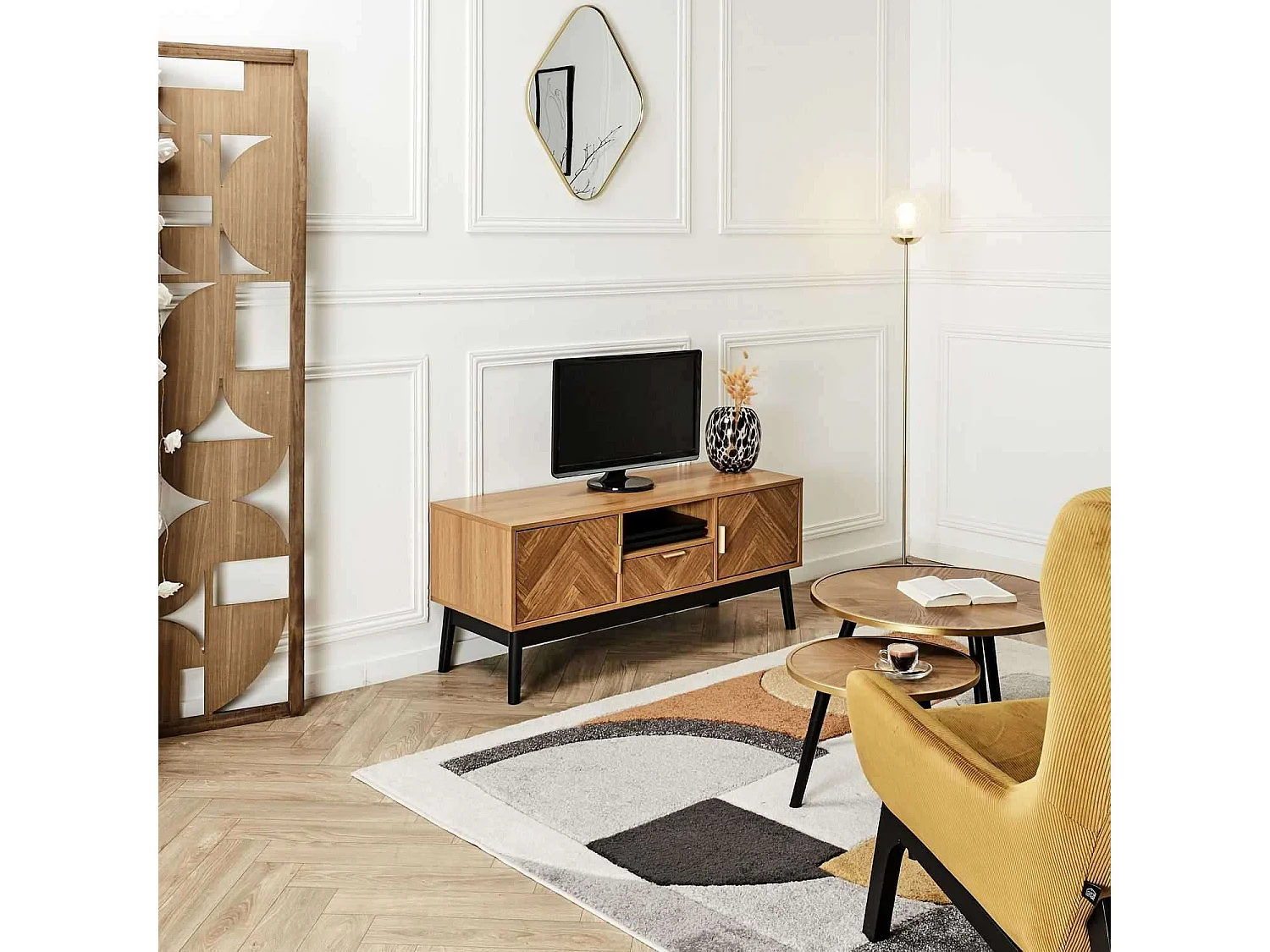 Meuble TV 2 portes et 1 tiroir en bois FELIX - Marron et noir