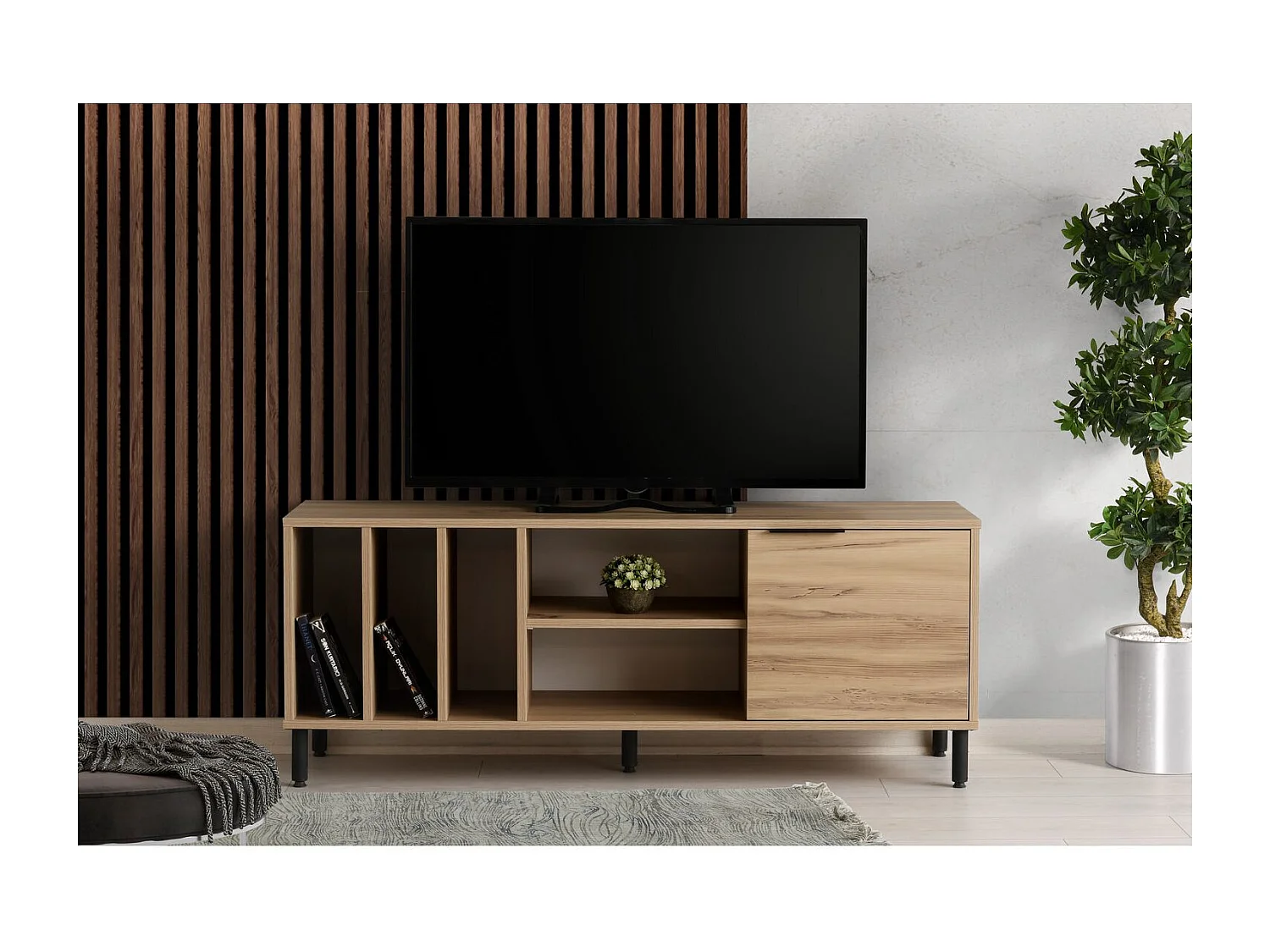Meuble TV avec multi-rangements en panneaux de particules - Beige