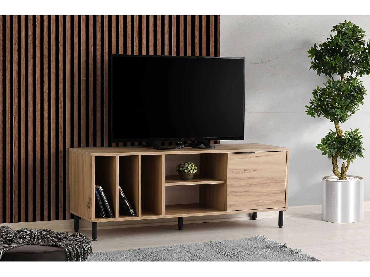 Meuble TV avec multi-rangements en panneaux de particules - Beige