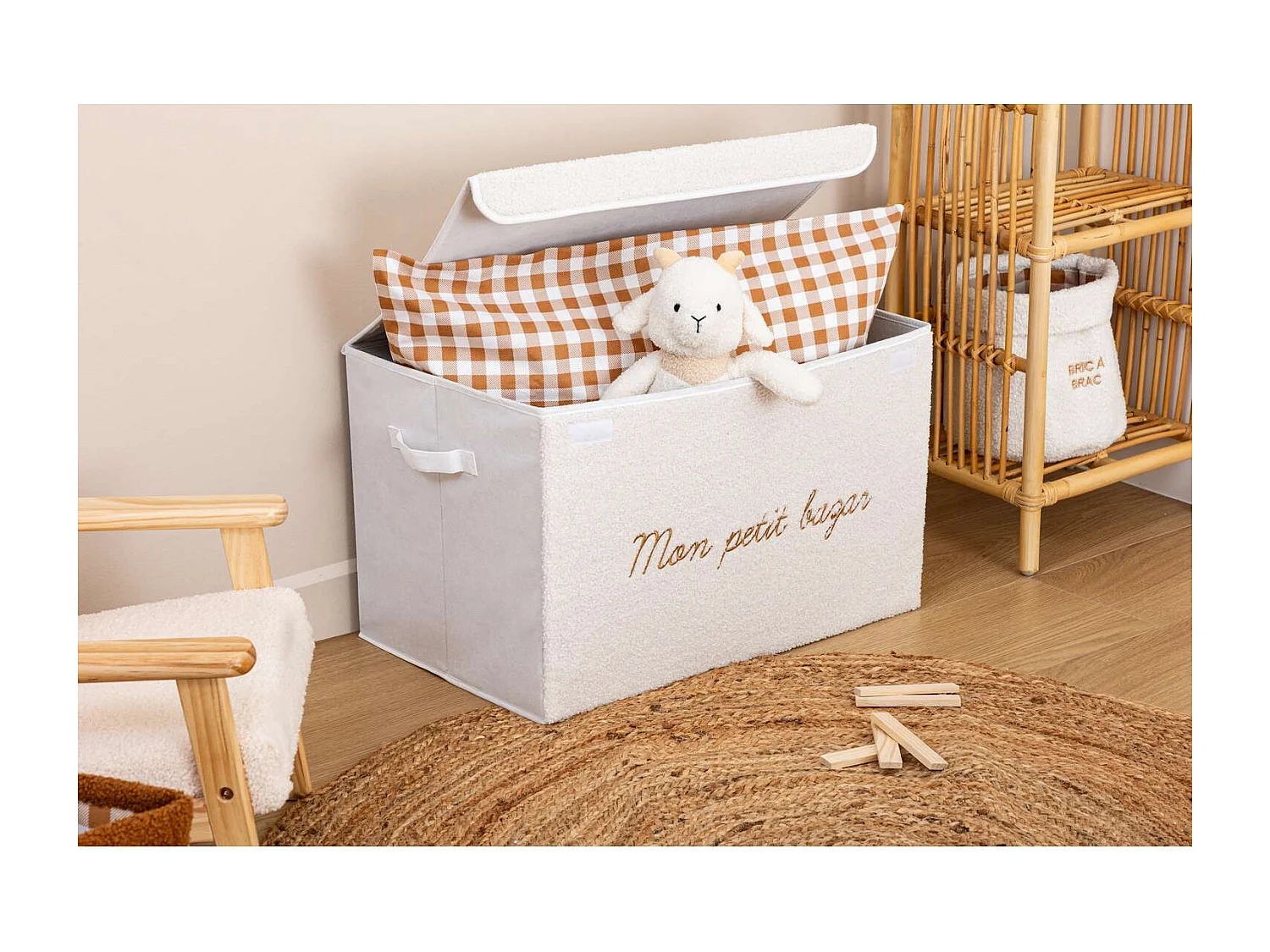 Coffre rangement en bouclette - Blanc