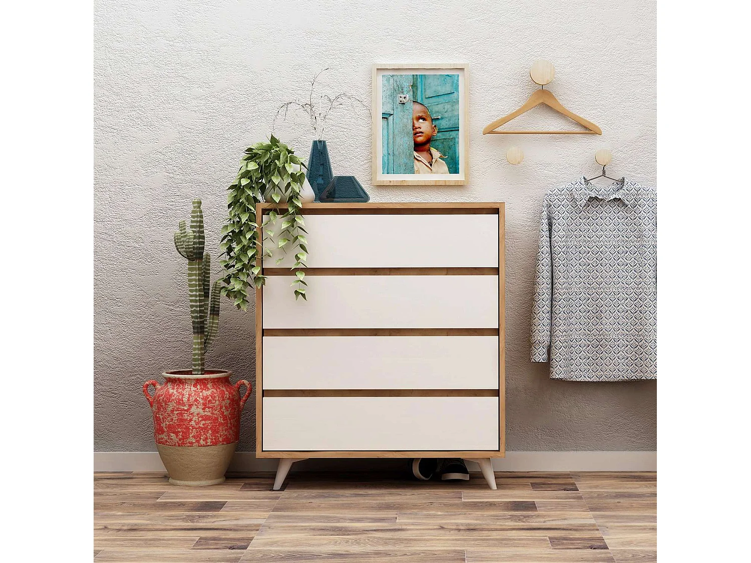 Commode 4 tiroirs Éthera en bois - Beige et blanc