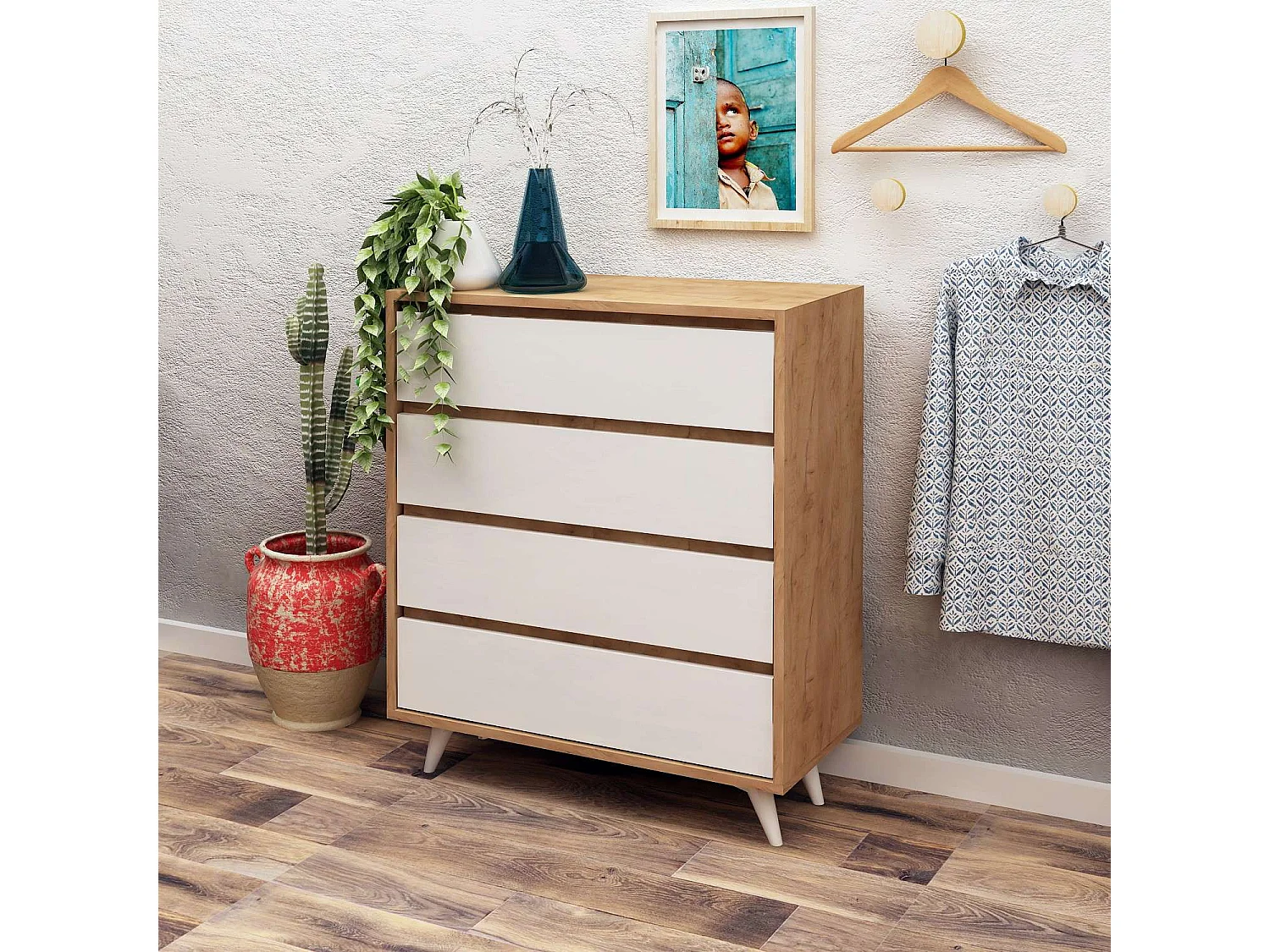 Commode 4 tiroirs Éthera en bois - Beige et blanc