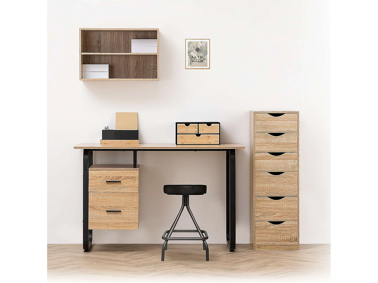 Bureau avec caisson en bois - Marron