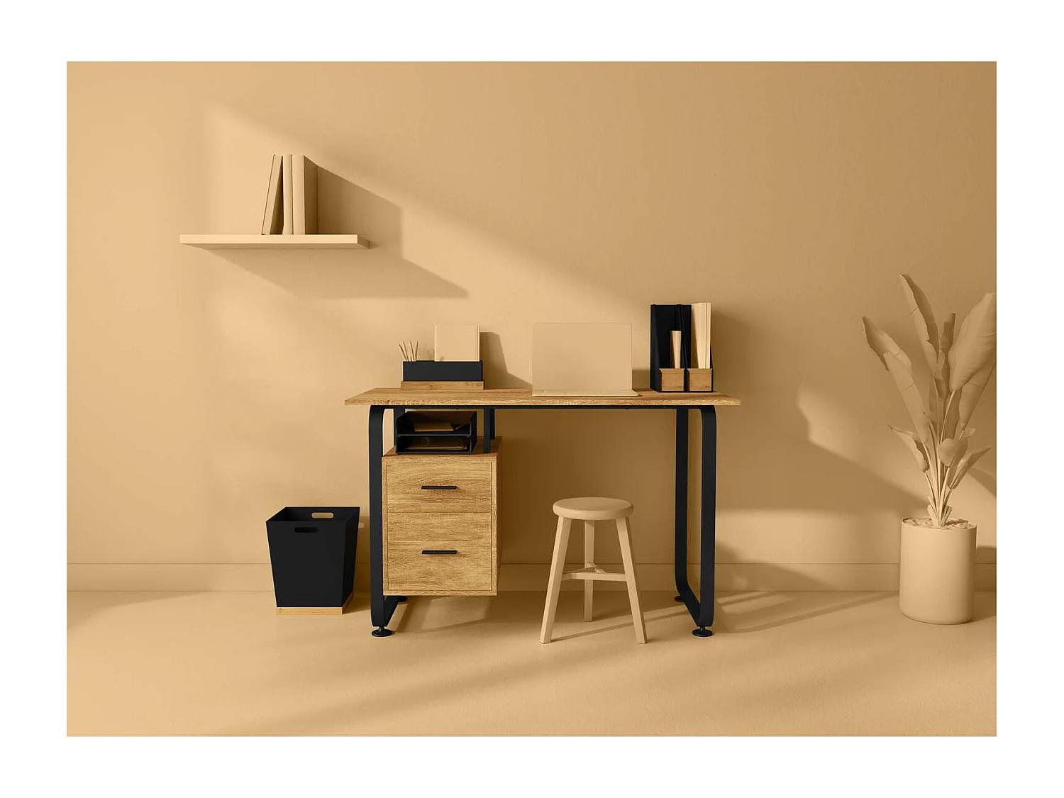 Bureau avec caisson en bois - Marron