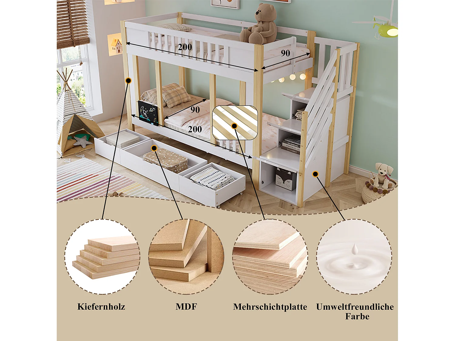 Lit superposé 90x200 cm pour enfant avec rangement sous l’escalier, 3 tiroirs sur roulettes et table de dessin – Pin + MDF + PB, Blanc et Naturel