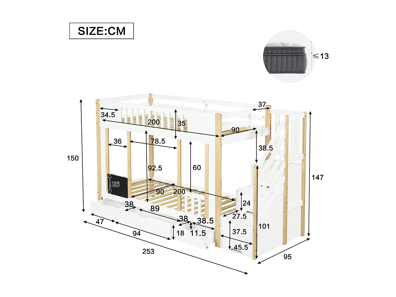Letto a castello per bambini 90x200 cm con contenitore sottoscala, 3 cassetti su rotelle e tavolo da disegno – Pino + MDF + PB, Bianco e Naturale