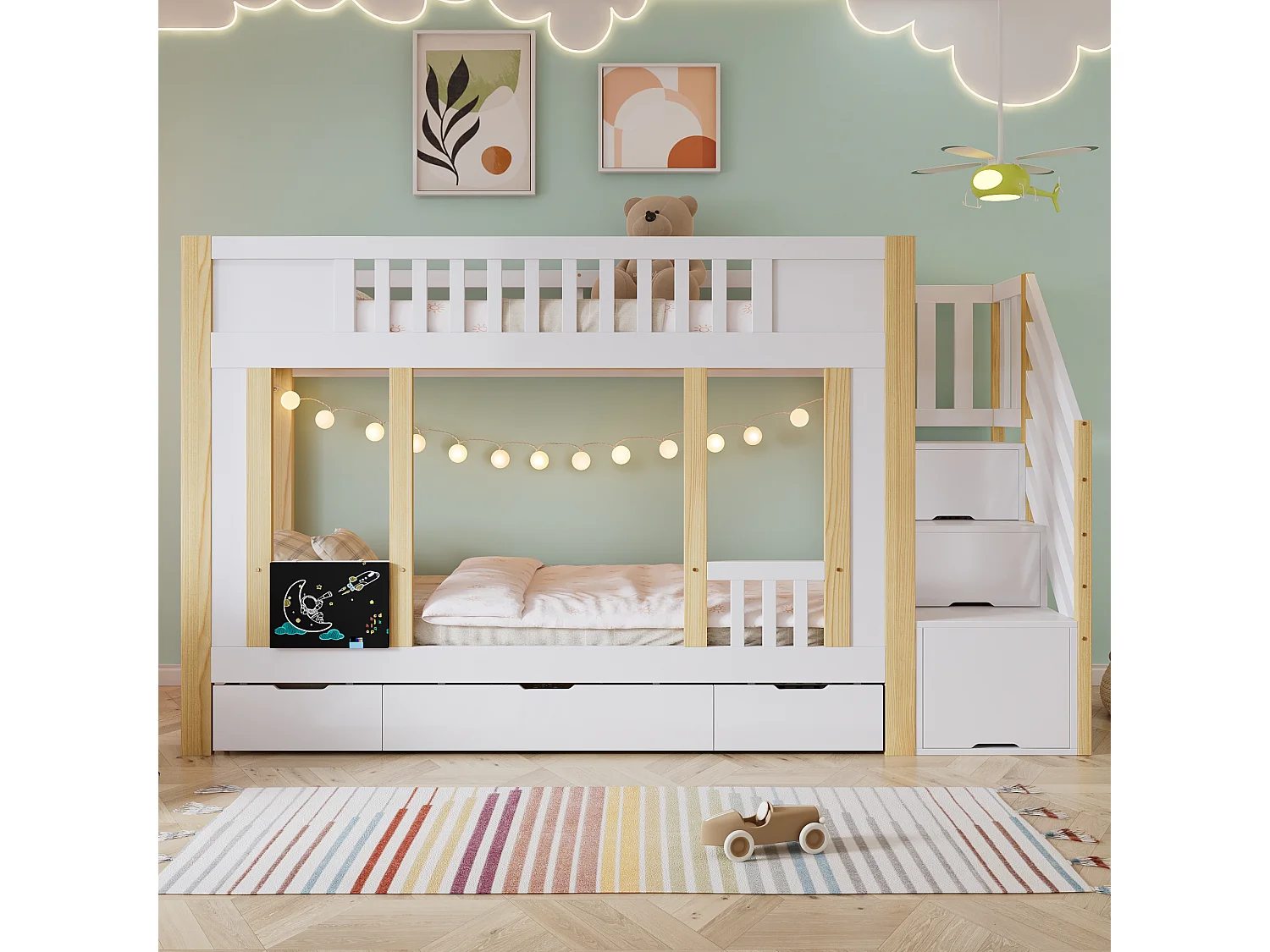 Letto a castello per bambini 90x200 cm con contenitore sottoscala, 3 cassetti su rotelle e tavolo da disegno – Pino + MDF + PB, Bianco e Naturale