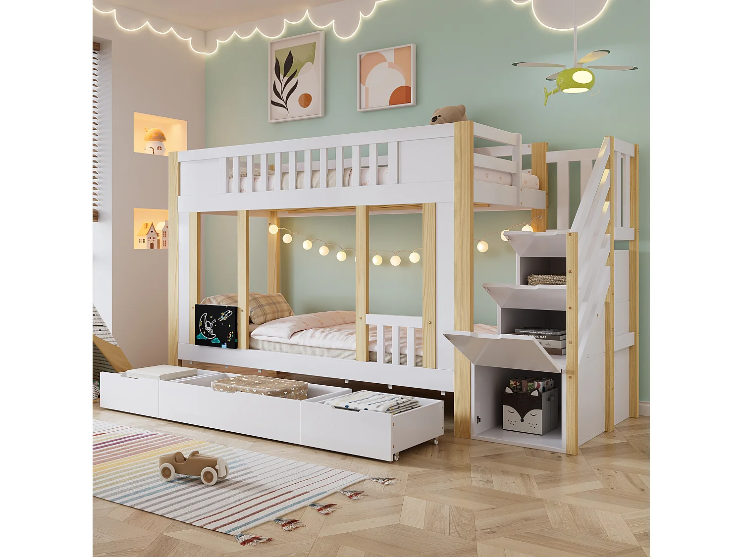 Letto a castello per bambini 90x200 cm con contenitore sottoscala, 3 cassetti su rotelle e tavolo da disegno – Pino + MDF + PB, Bianco e Naturale