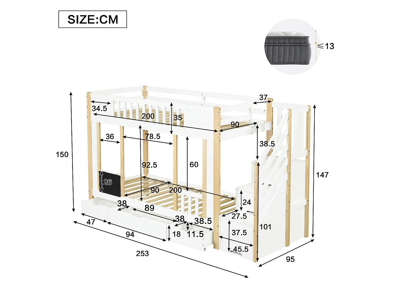 Letto a castello per bambini 90x200 cm con contenitore sottoscala, 3 cassetti su rotelle e tavolo da disegno – Pino + MDF + PB, Bianco e Naturale