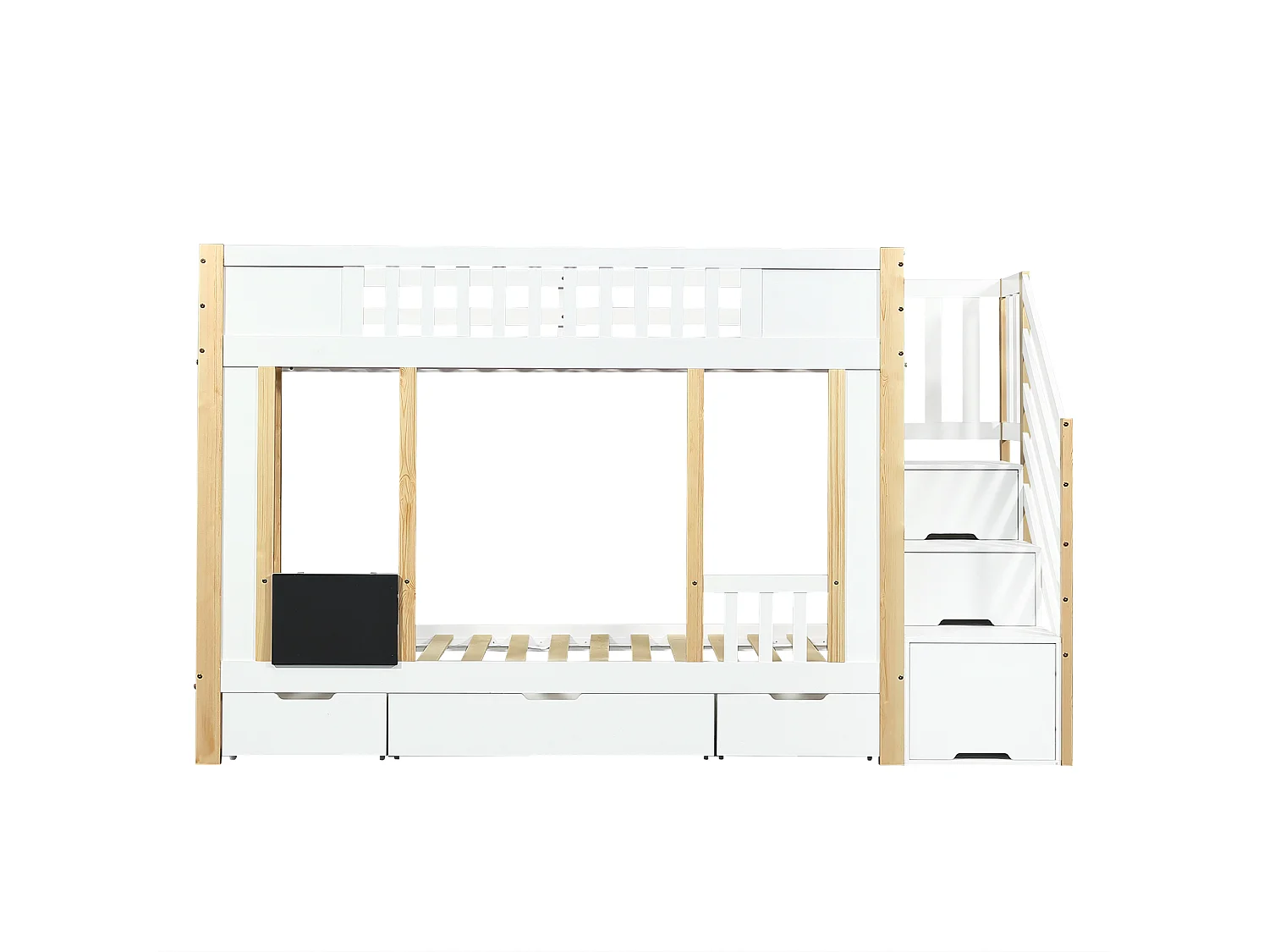 Letto a castello per bambini 90x200 cm con contenitore sottoscala, 3 cassetti su rotelle e tavolo da disegno – Pino + MDF + PB, Bianco e Naturale