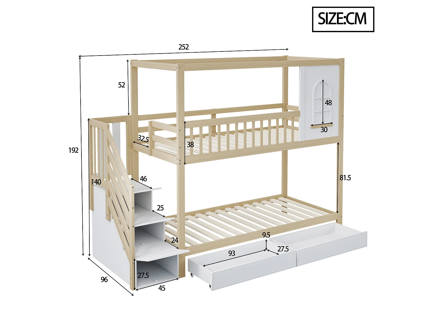 Lit superposé 90x200 cm en bois massif, design maison avec fenêtres, barrière de sécurité, tiroirs et échelle – Bois naturel