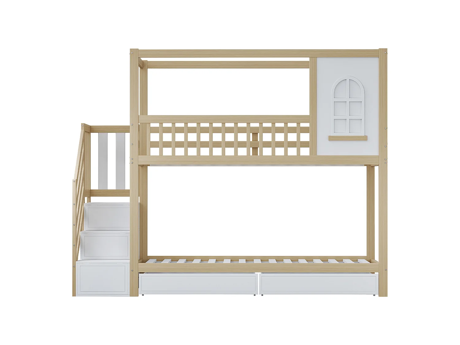 Lit superposé 90x200 cm en bois massif, design maison avec fenêtres, barrière de sécurité, tiroirs et échelle – Bois naturel
