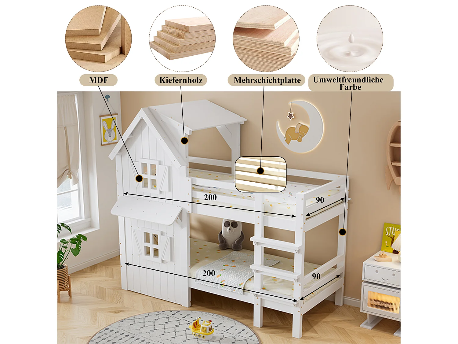 Lit superposé 90x200 cm pour enfant avec fenêtres et toit, garde-corps latéraux, échelle 3 niveaux et sommier stable – Pin + MDF, Blanc