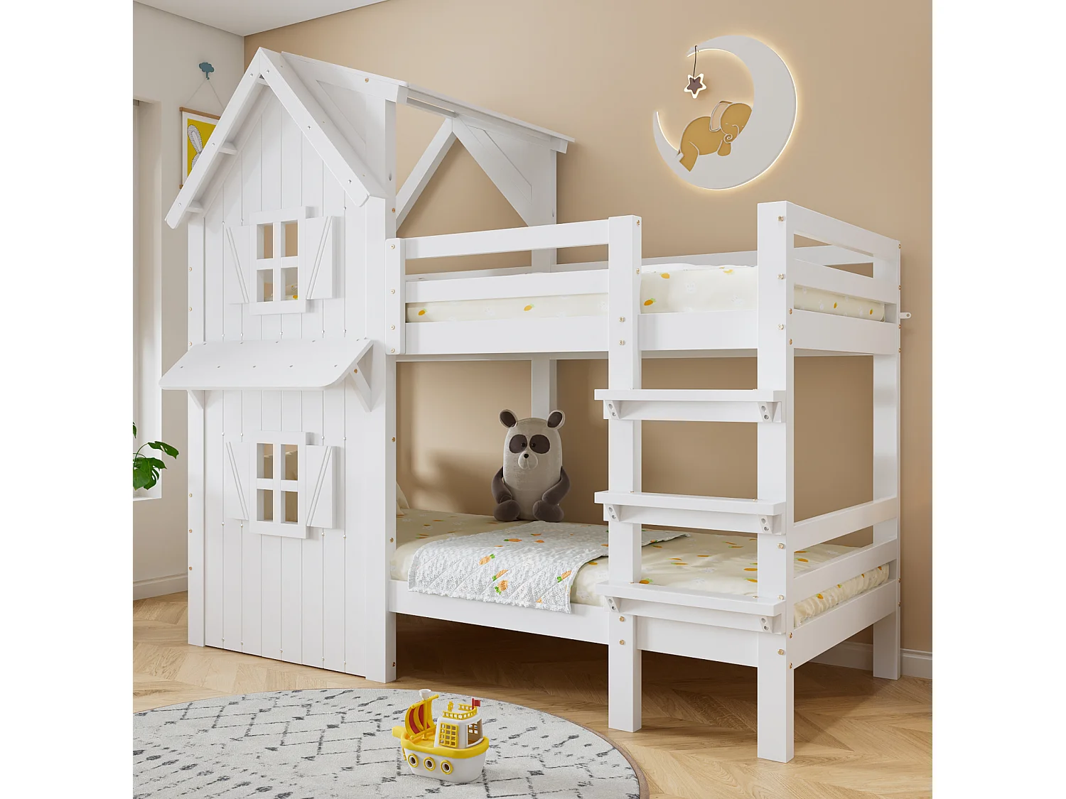 Lit superposé 90x200 cm pour enfant avec fenêtres et toit, garde-corps latéraux, échelle 3 niveaux et sommier stable – Pin + MDF, Blanc