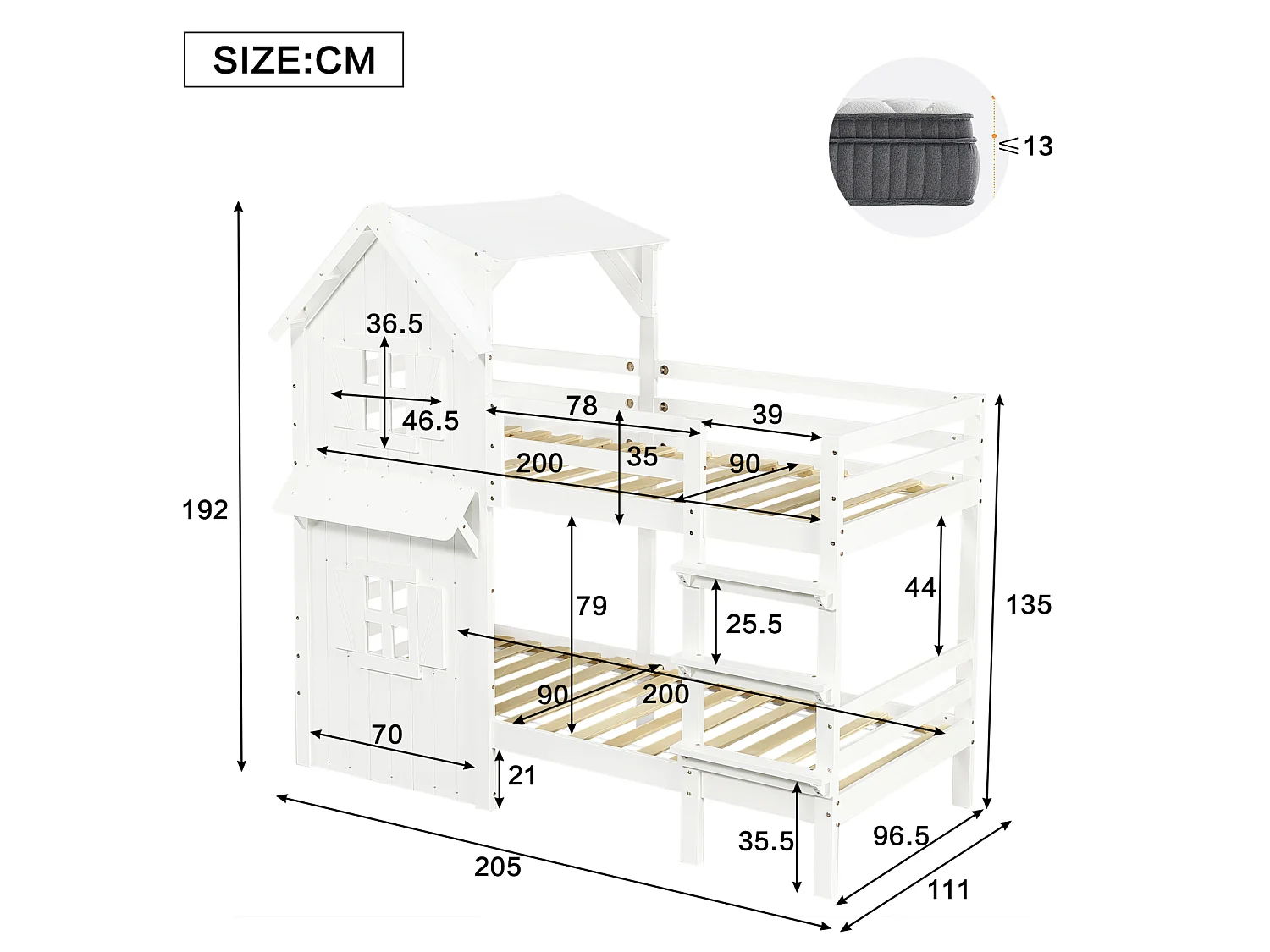 Lit superposé 90x200 cm pour enfant avec fenêtres et toit, garde-corps latéraux, échelle 3 niveaux et sommier stable – Pin + MDF, Blanc