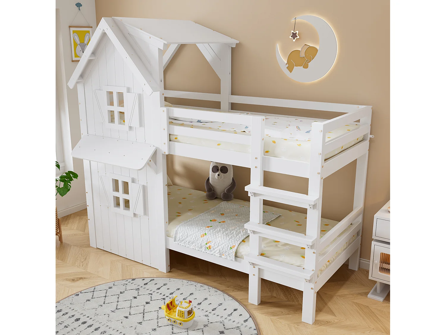 Lit superposé 90x200 cm pour enfant avec fenêtres et toit, garde-corps latéraux, échelle 3 niveaux et sommier stable – Pin + MDF, Blanc