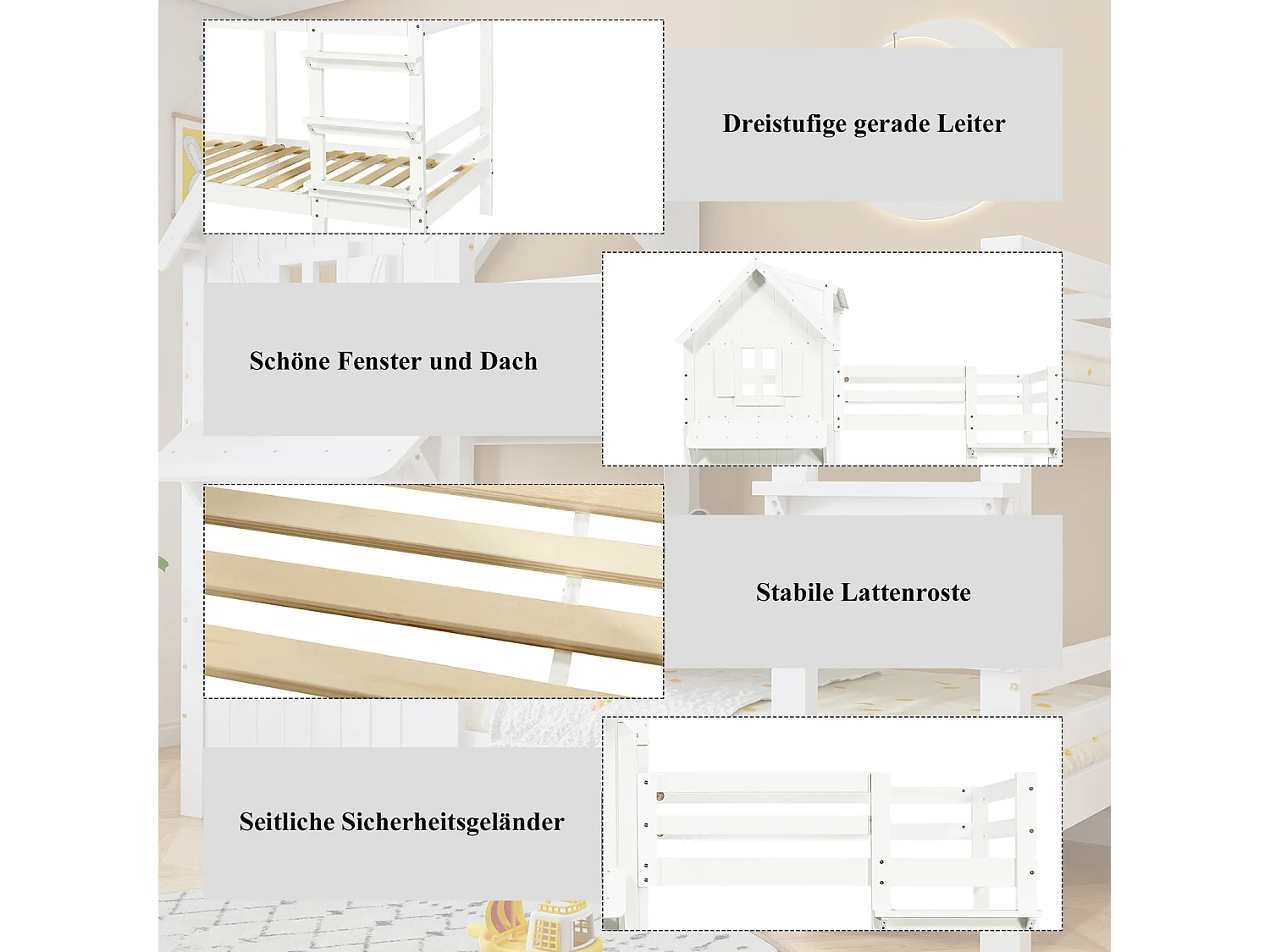 Lit superposé 90x200 cm pour enfant avec fenêtres et toit, garde-corps latéraux, échelle 3 niveaux et sommier stable – Pin + MDF, Blanc