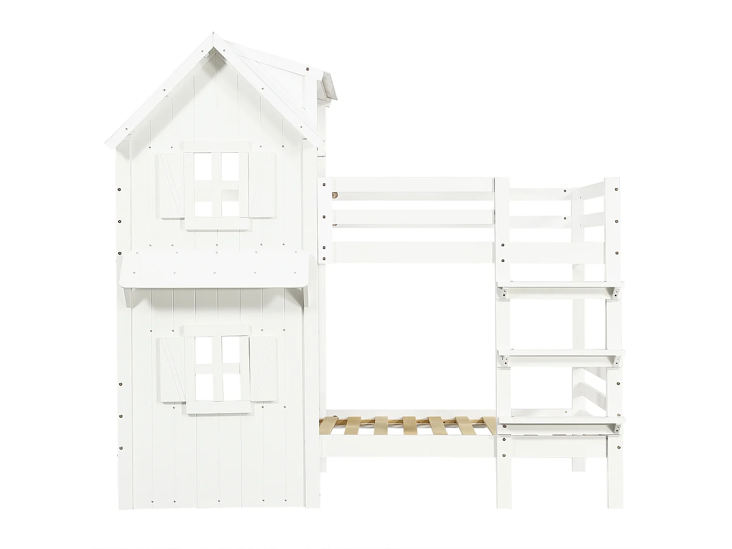 Lit superposé 90x200 cm pour enfant avec fenêtres et toit, garde-corps latéraux, échelle 3 niveaux et sommier stable – Pin + MDF, Blanc