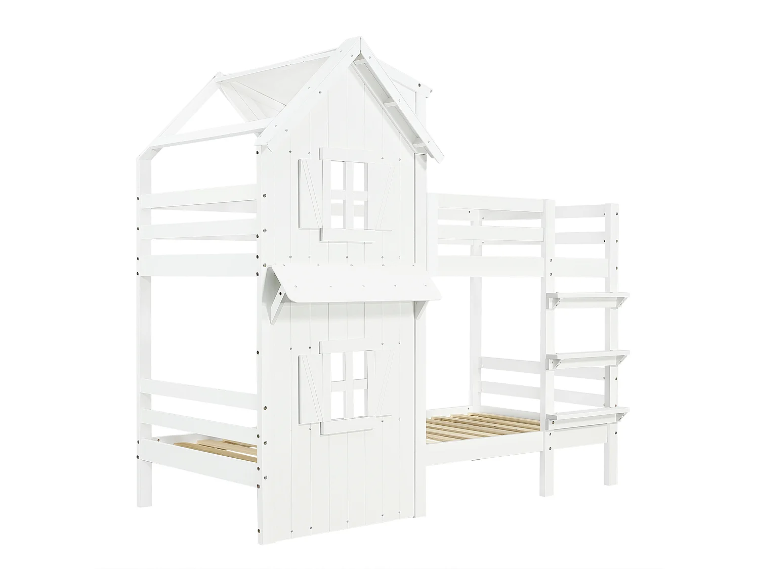 Lit superposé 90x200 cm pour enfant avec fenêtres et toit, garde-corps latéraux, échelle 3 niveaux et sommier stable – Pin + MDF, Blanc