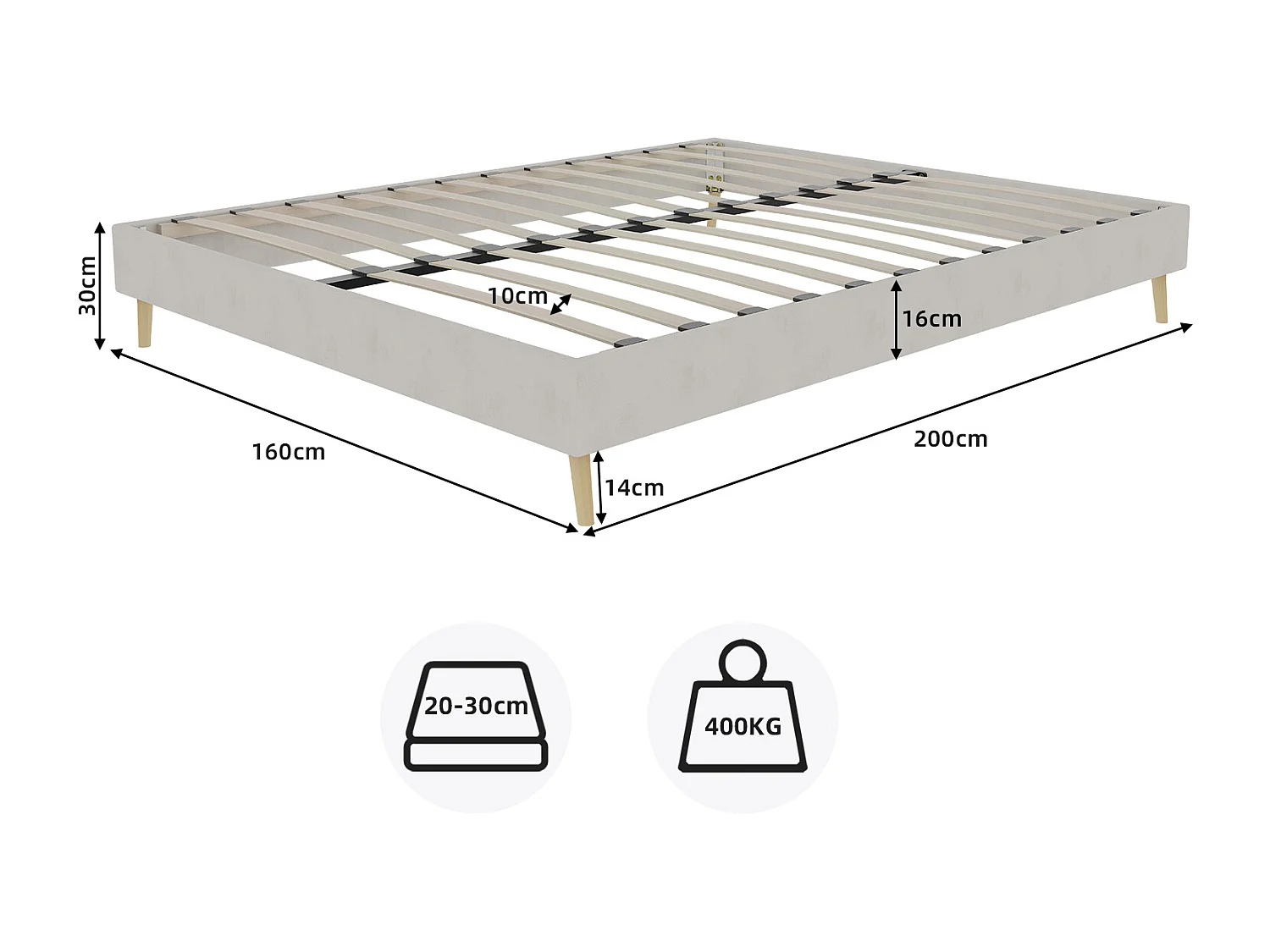 Struttura letto minimalista 160x200 cm in velluto beige, base bassa, arredamento moderno – Senza meccanismo a molla a gas, testiera e materasso