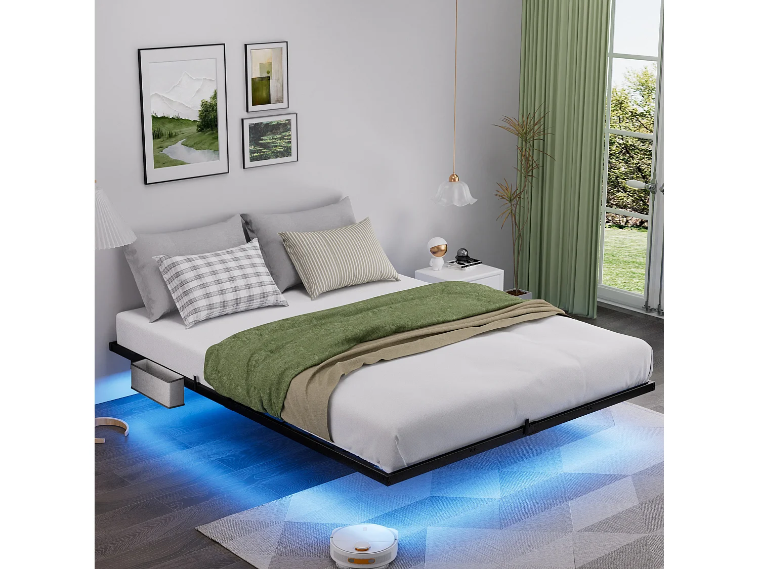 Lit suspendu 140x200 cm en métal avec éclairage LED, sommier à lattes métallique et cadre robuste – Facile à monter, Noir, pour chambre ado