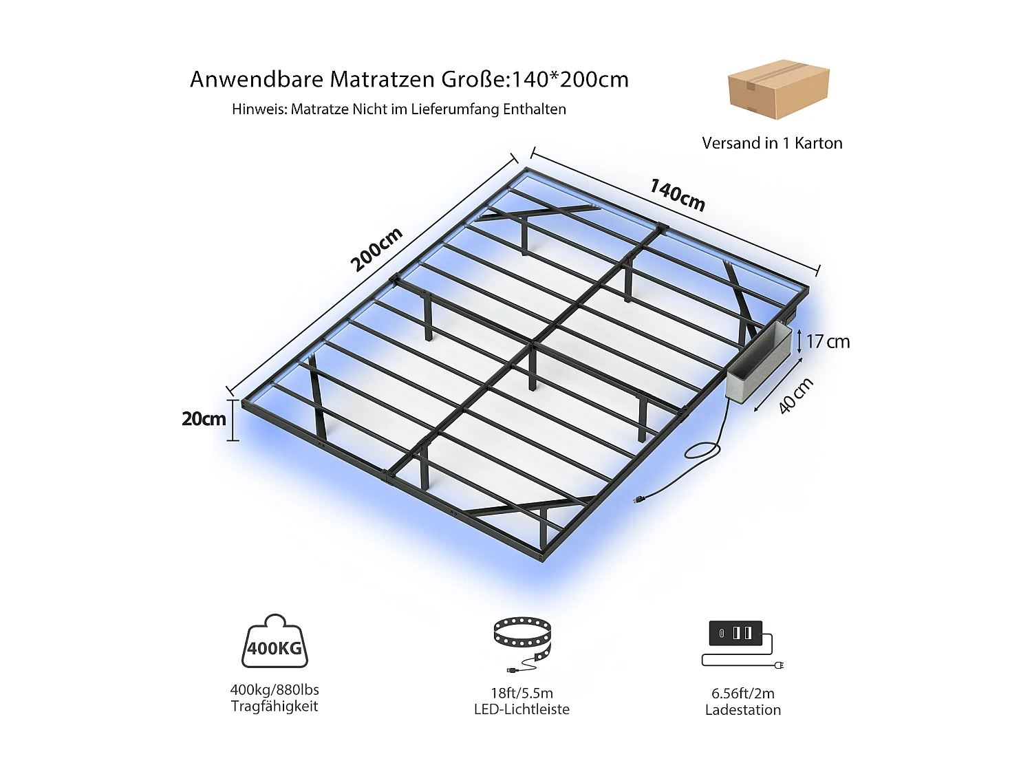 Lit suspendu 140x200 cm en métal avec éclairage LED, sommier à lattes métallique et cadre robuste – Facile à monter, Noir, pour chambre ado