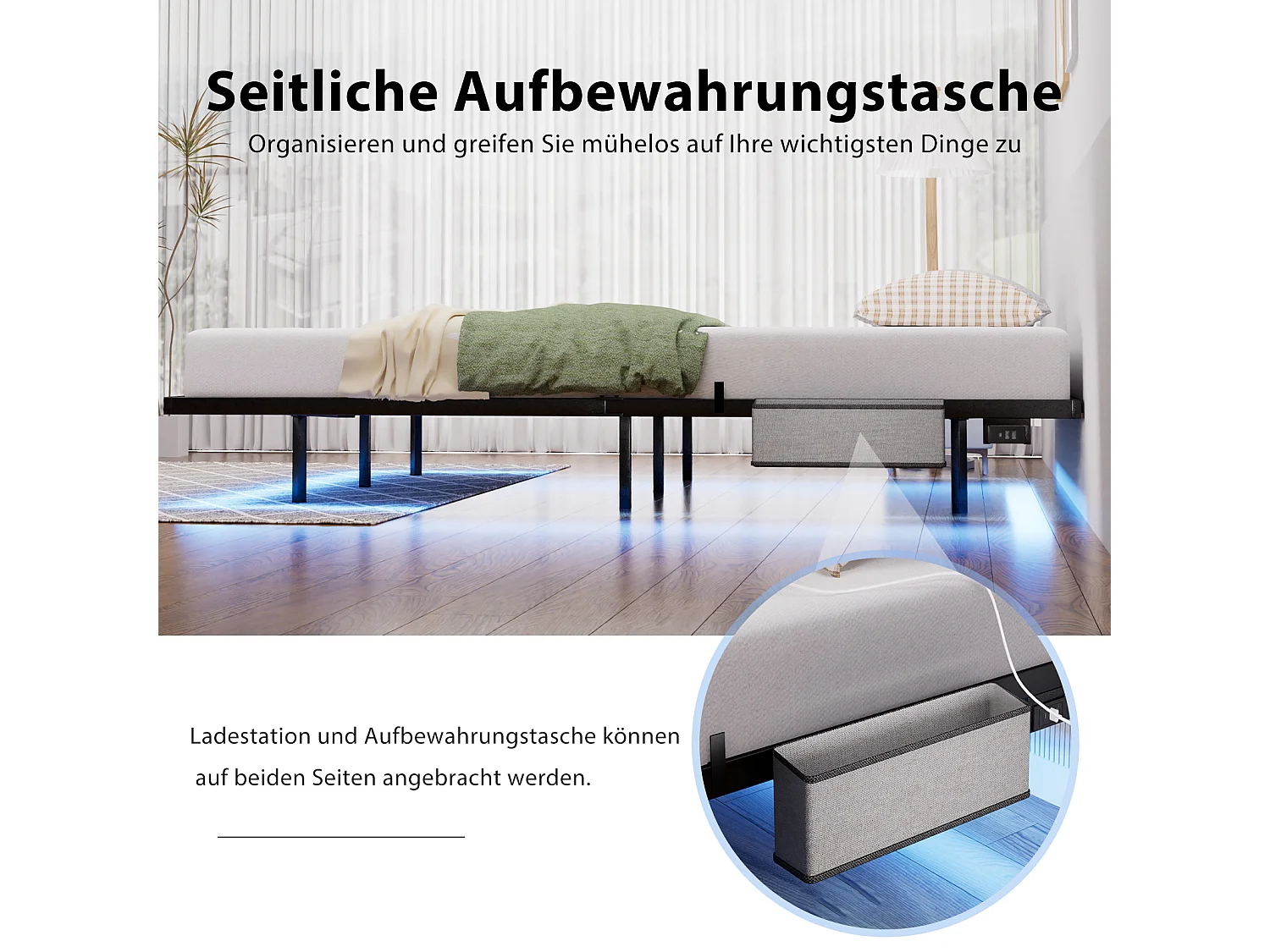 Lit suspendu 140x200 cm en métal avec éclairage LED, sommier à lattes métallique et cadre robuste – Facile à monter, Noir, pour chambre ado