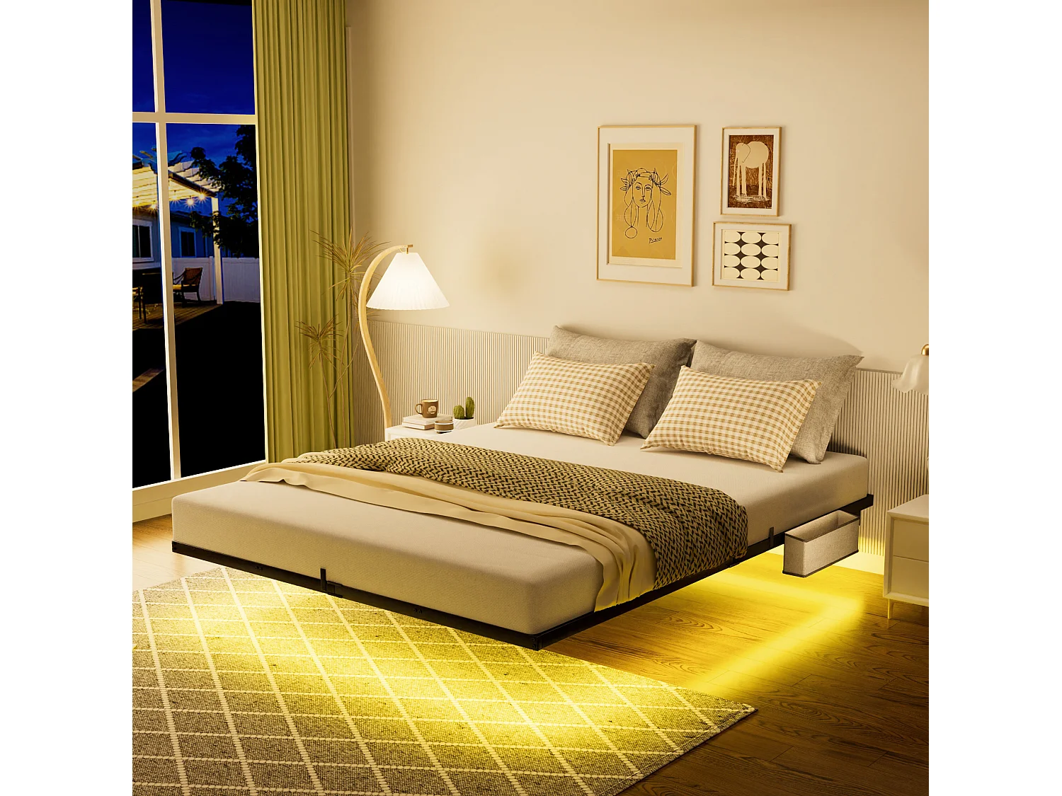 Lit suspendu 140x200 cm en métal avec éclairage LED, sommier à lattes métallique et cadre robuste – Facile à monter, Noir, pour chambre ado
