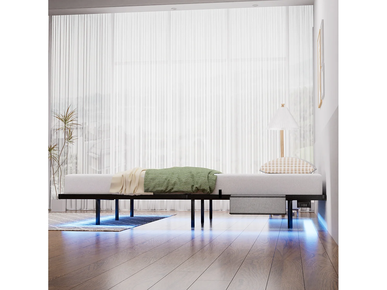 Lit suspendu 140x200 cm en métal avec éclairage LED, sommier à lattes métallique et cadre robuste – Facile à monter, Noir, pour chambre ado