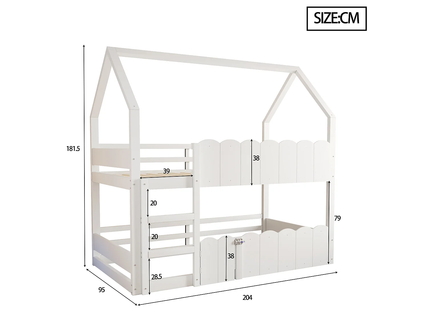 Kinderstapelbed 90x200 cm, huisdesign met hoge leuning, lattenbodem - Ideaal voor jongens en meisjes, Wit