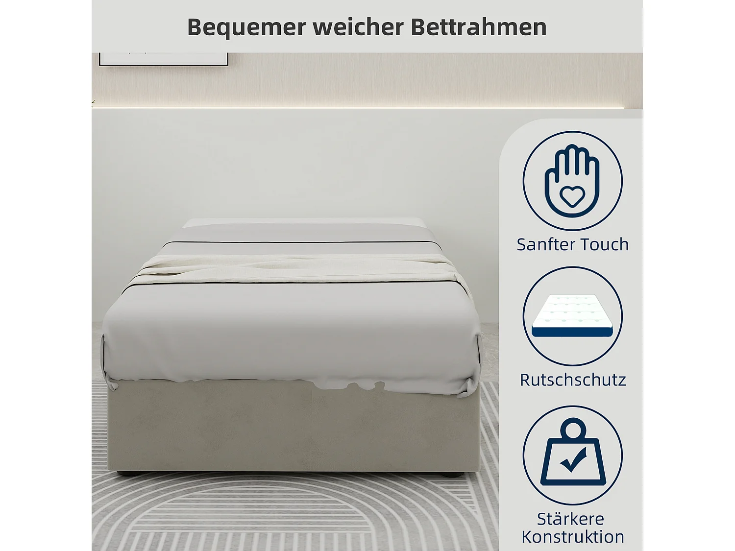 Struttura letto minimalista 90x200 cm in velluto beige con pistoni a gas – Arredamento moderno, senza testiera e materasso