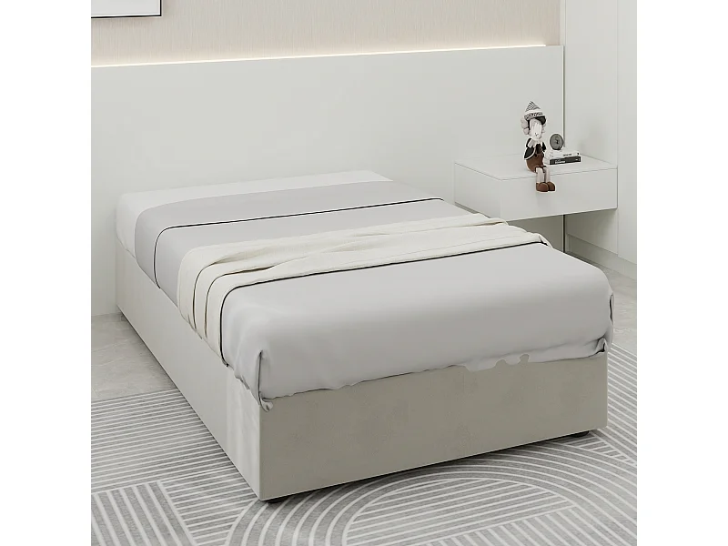Struttura letto minimalista 90x200 cm in velluto beige con pistoni a gas – Arredamento moderno, senza testiera e materasso